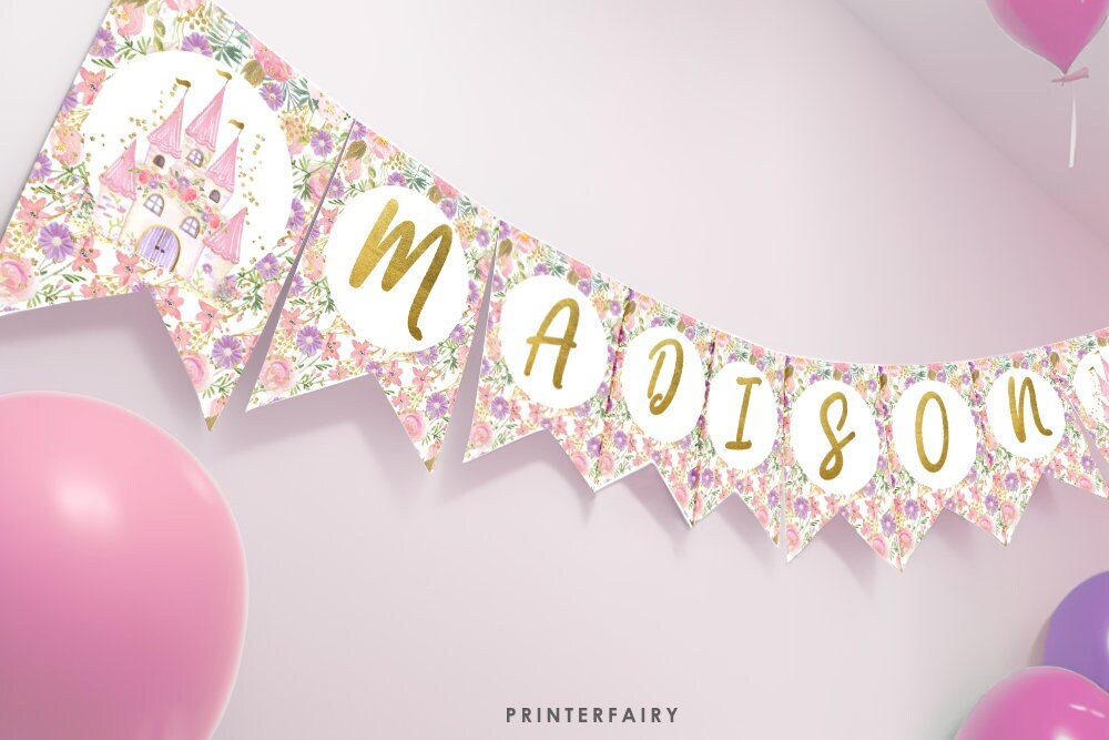 Princess Birthday Banner, Floral Castle Decor (Editable, Instant Download)