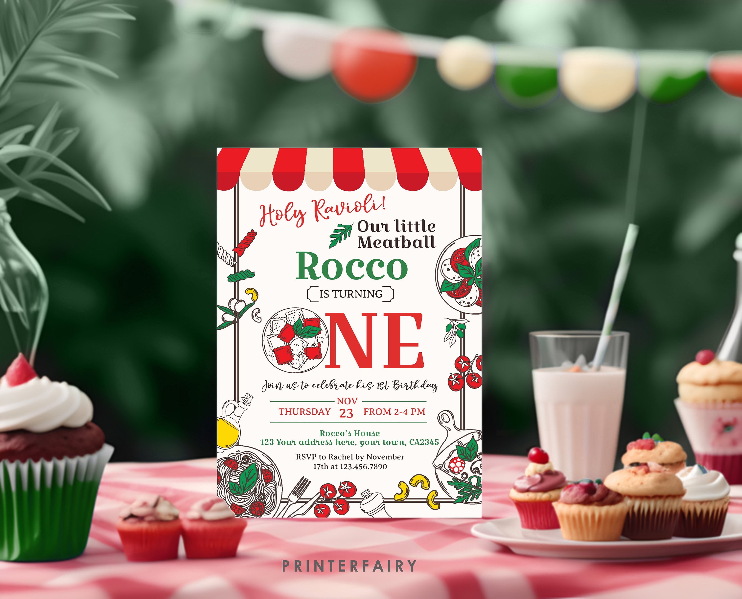 Pizza 1st Birthday Invitation, Italian Theme (Editable)