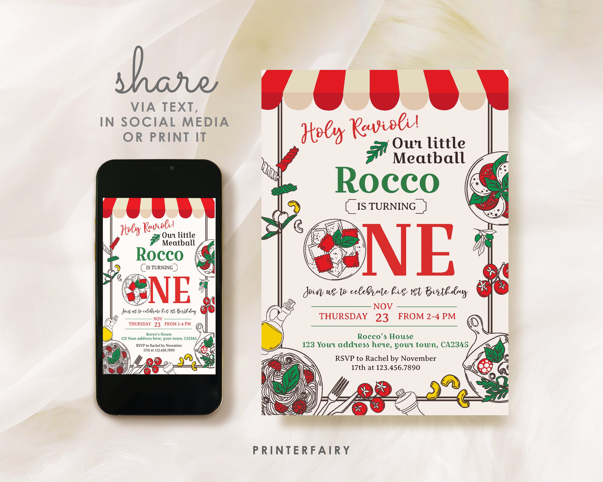 Pizza 1st Birthday Invitation, Italian Theme (Editable)