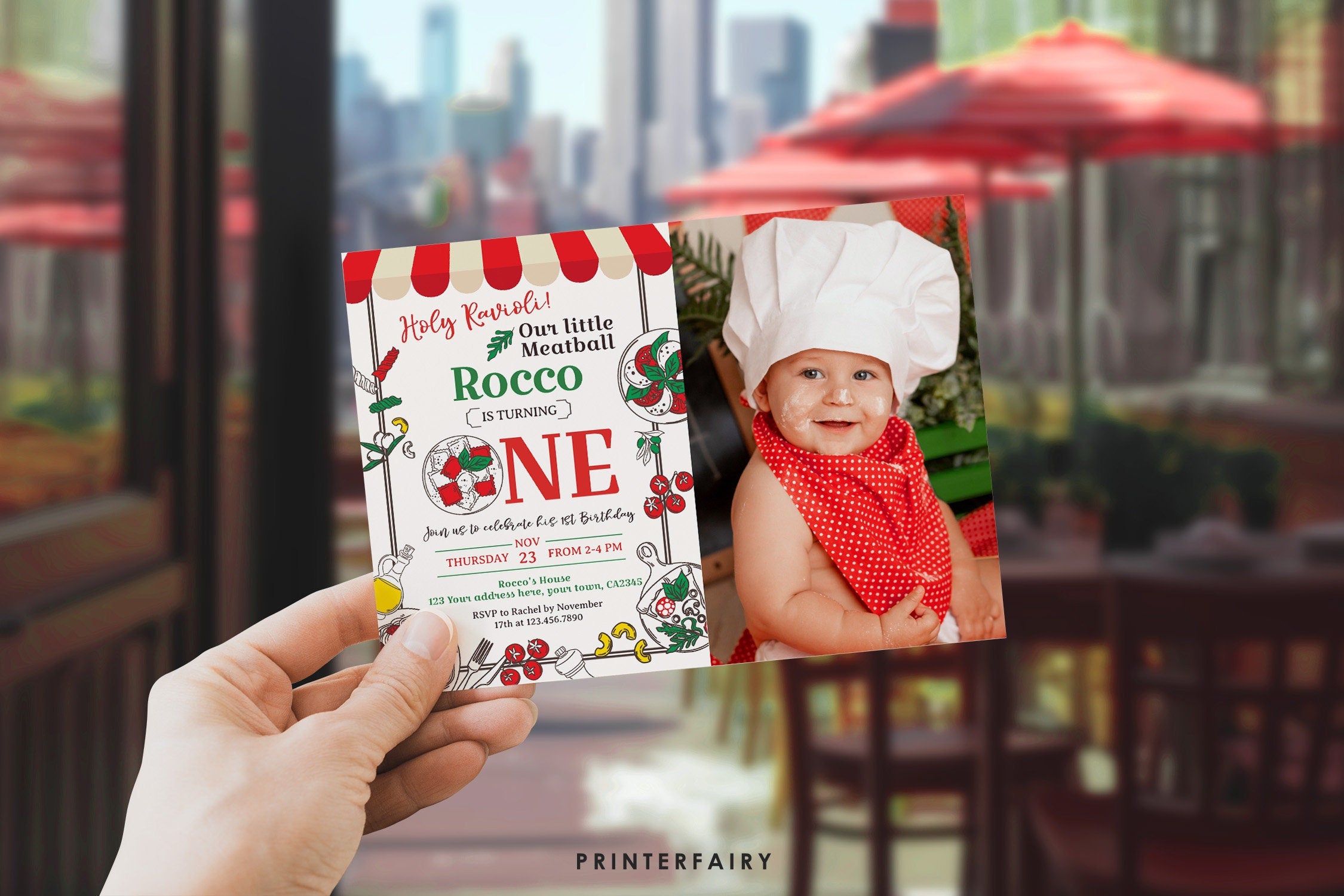 Pizza 1st Birthday Invitation with Photo, Little Meatball, Italian Chef Invite (Editable Digital Item)