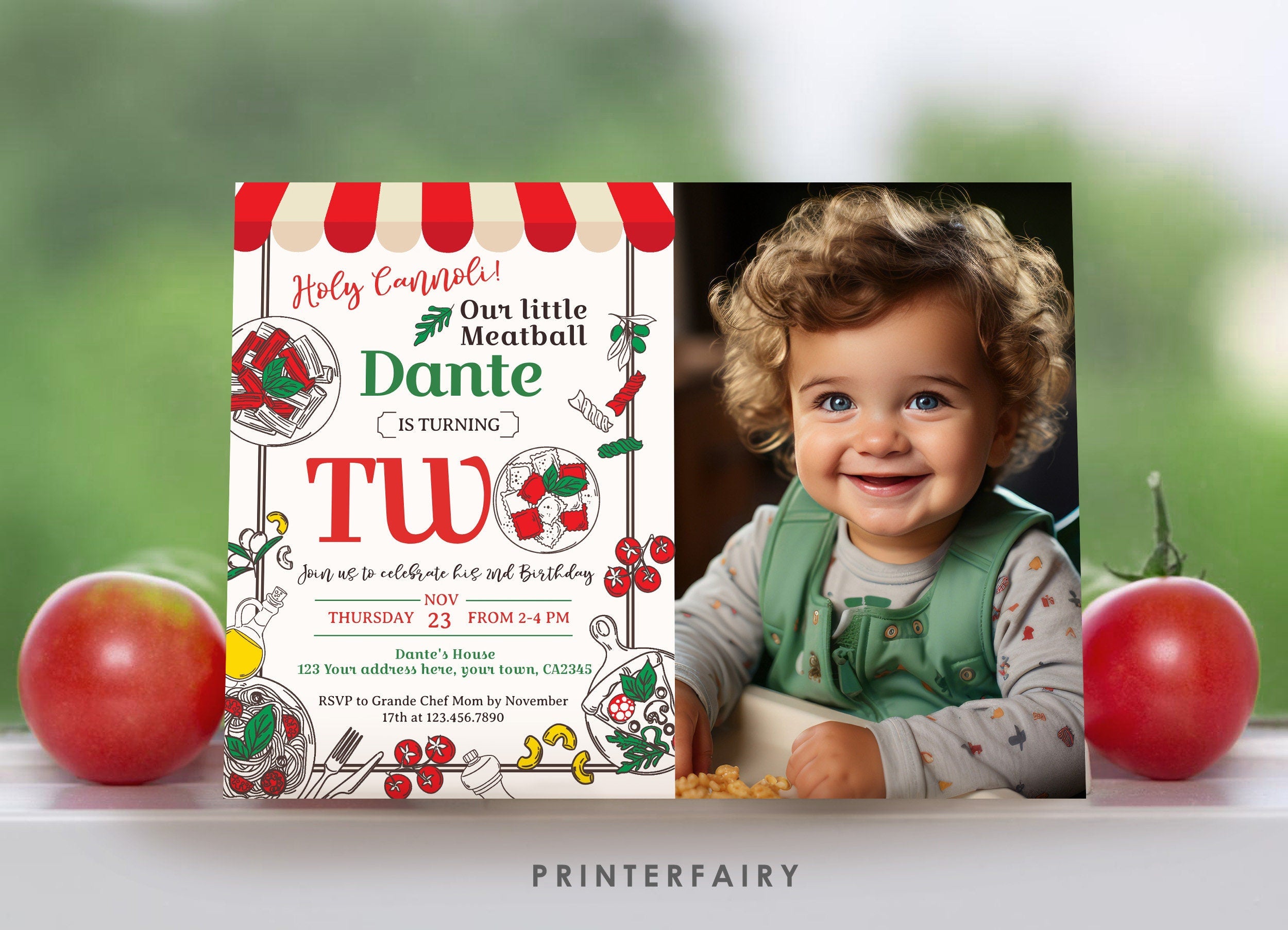 Pizza 2nd Birthday Invitation with Photo, Italian Theme (Digital Item)