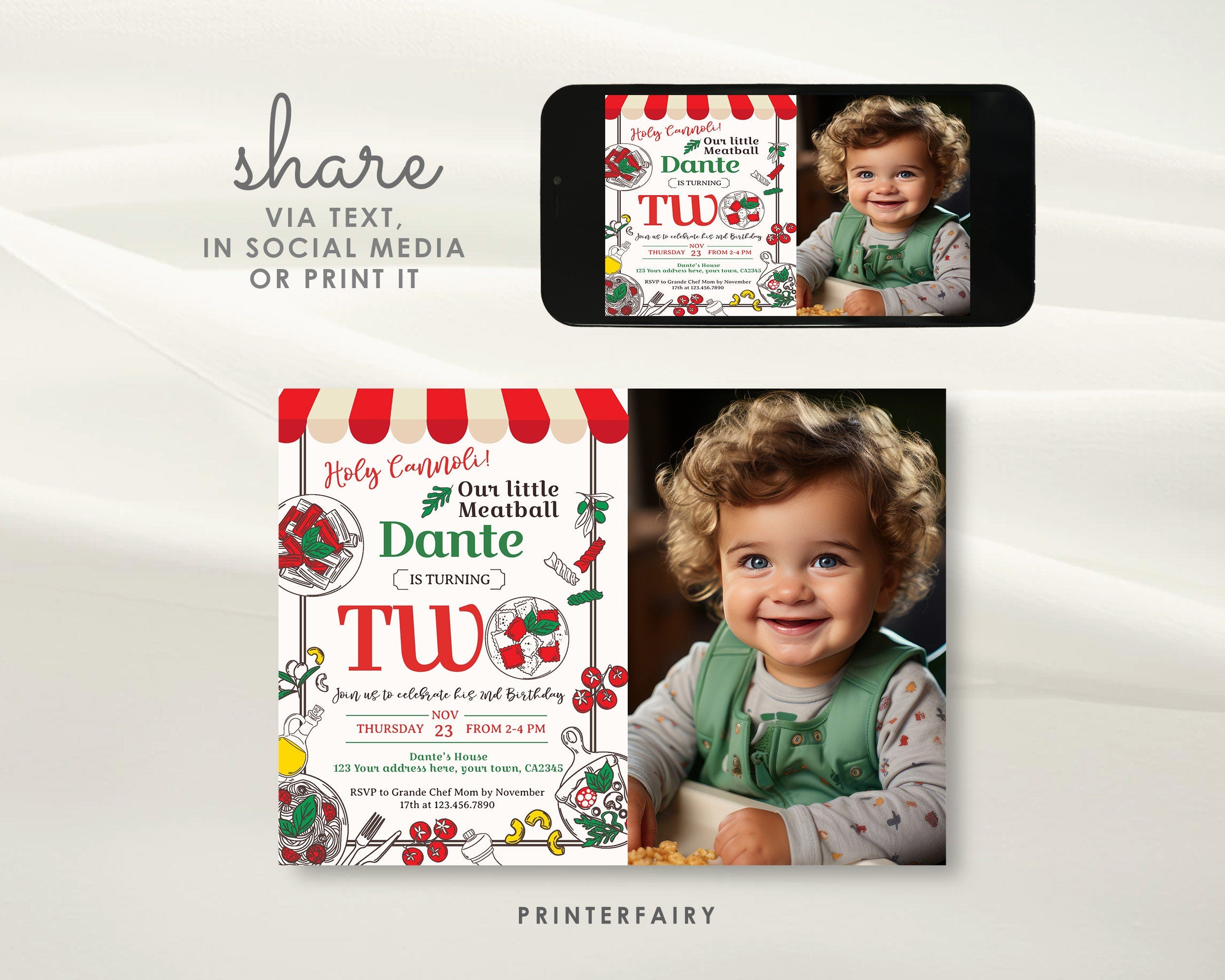 Pizza 2nd Birthday Invitation with Photo, Italian Theme (Digital Item)