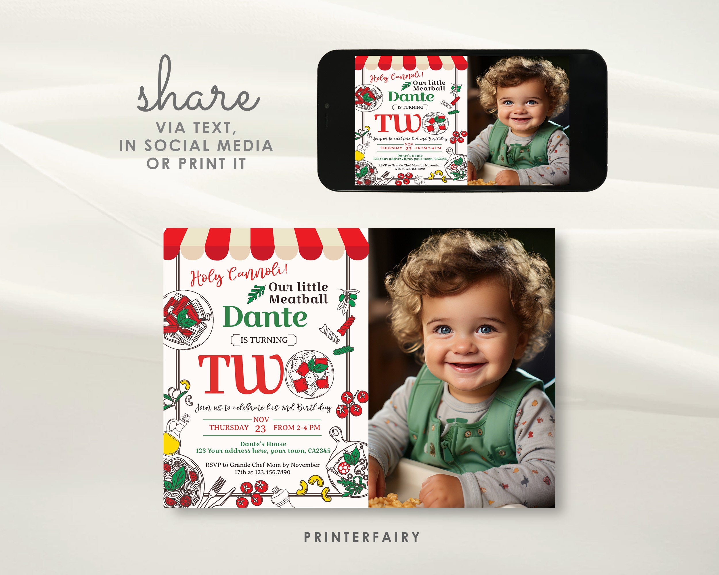 Pizza 2nd Birthday Invitation with Photo, Italian Theme (Digital Item)