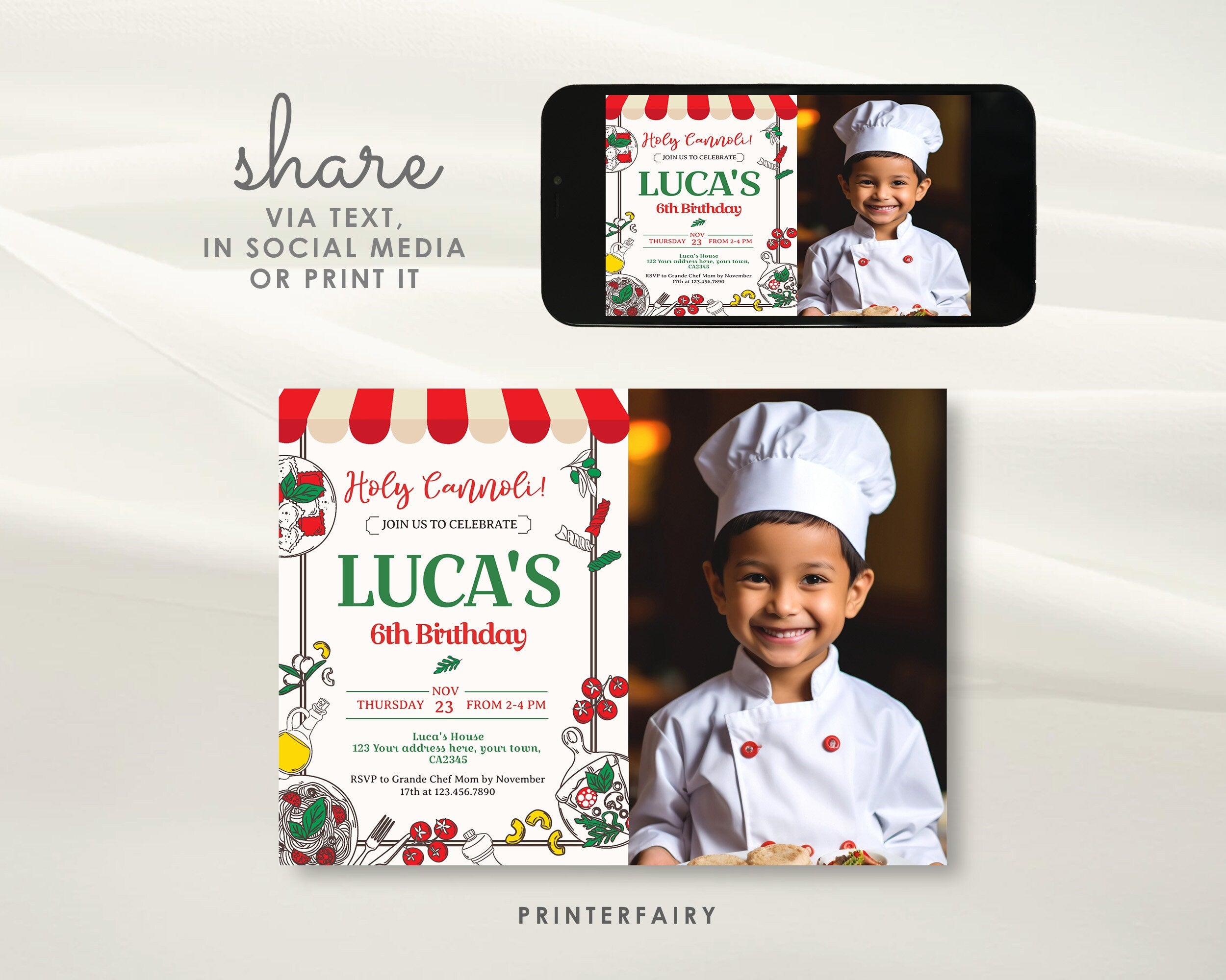 Italian Chef Birthday Invitation, Photo, Printable (Digital Item)