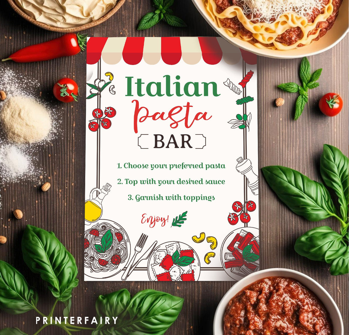 Italian Pasta Bar Sign, Trattoria Menu, Pizza Party Activities, Chef Birthday Party, Printable Decorations