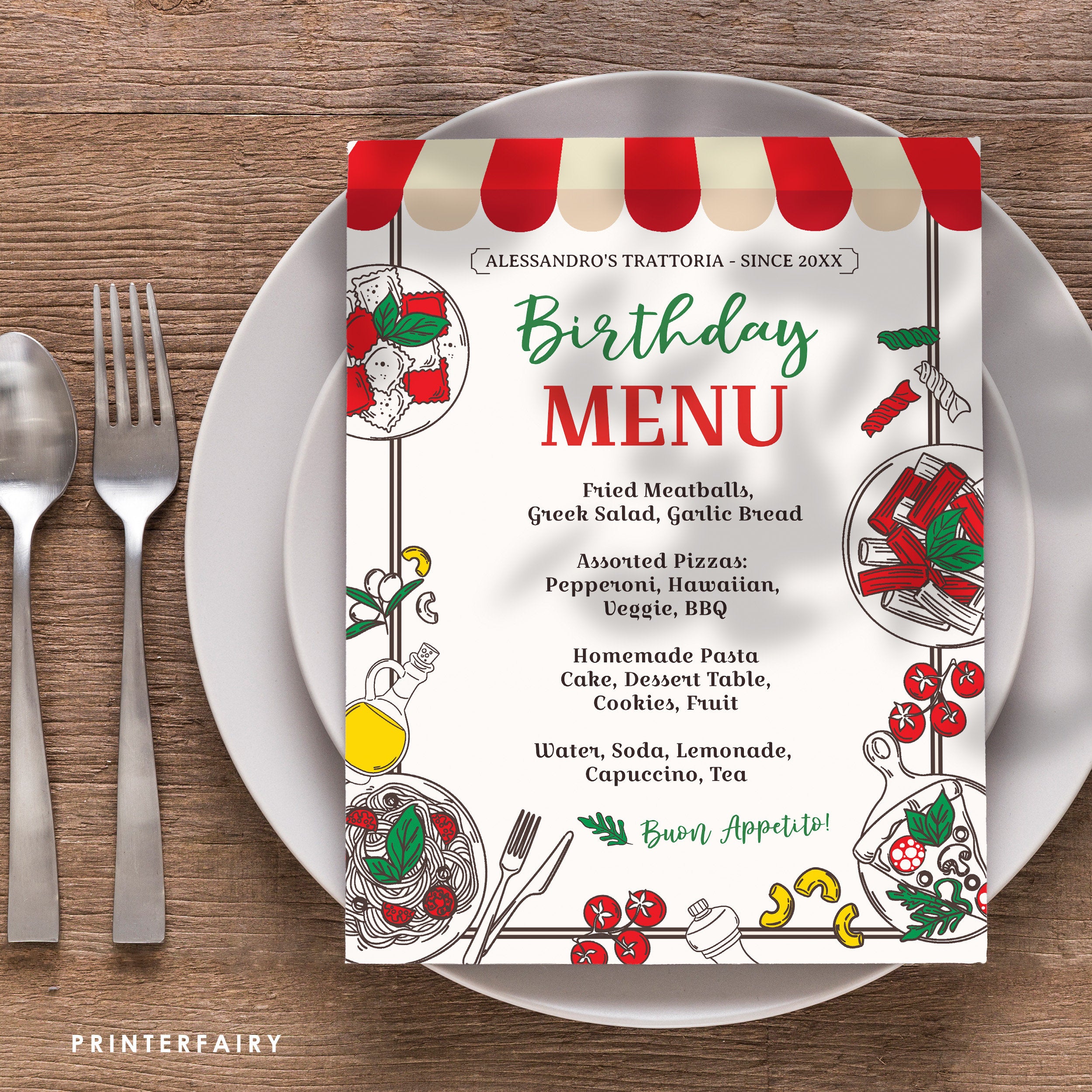 Italian Birthday Party Menu, Pizza, Spaghetti (Editable Digital Sign)