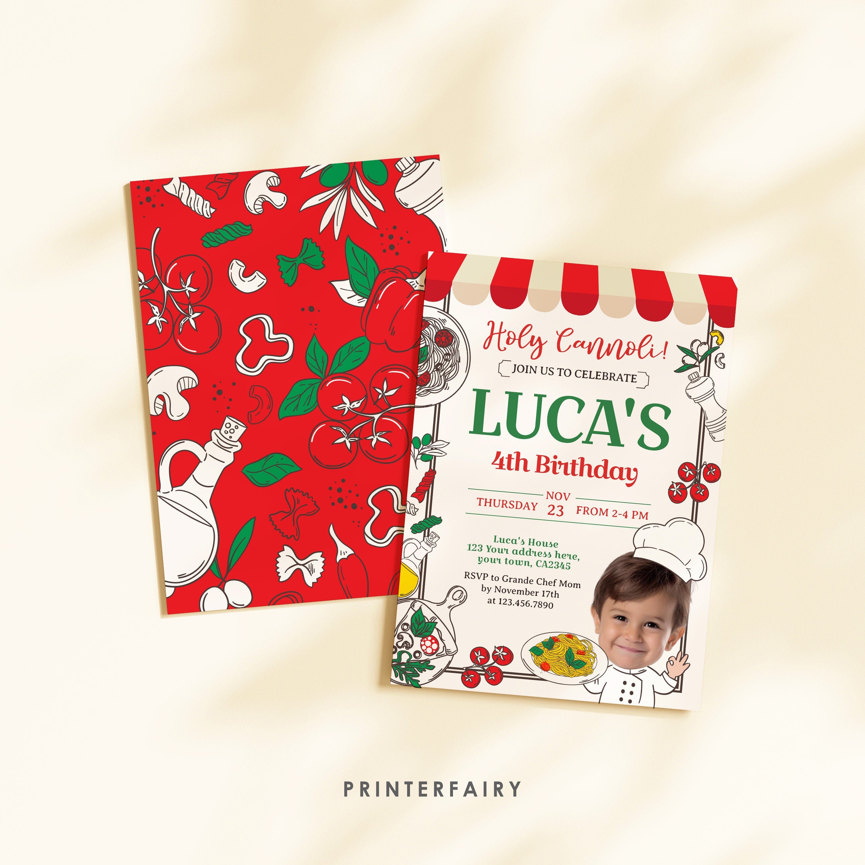 Italian Birthday Invitation with Photo, Pizza, Pasta (Printable)