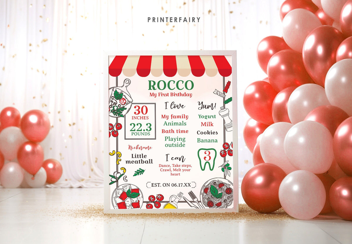 Italian First Birthday Milestones Board, Pizza Spaghetti Party (Printable Sign)