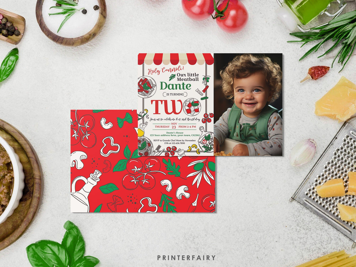Pizza 2nd Birthday Invitation with Photo, Italian Theme (Digital Item)