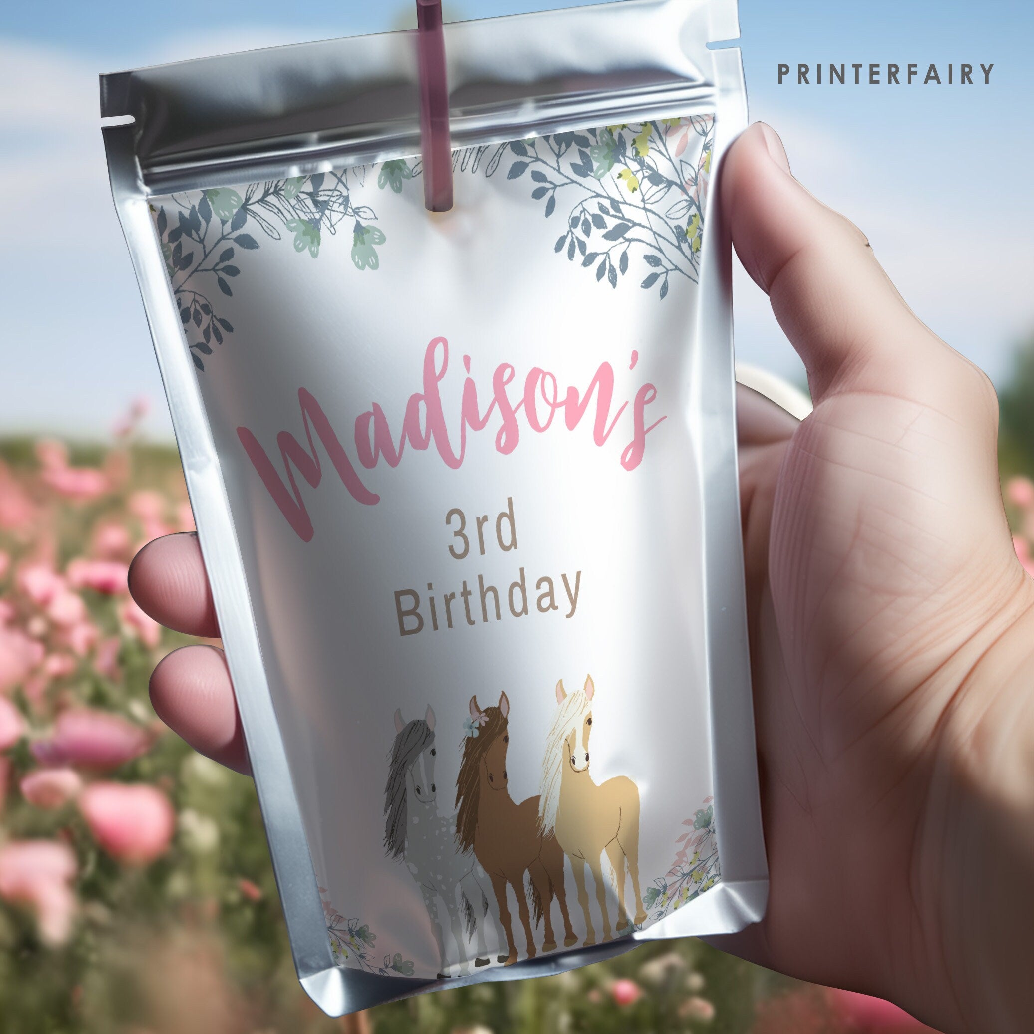 Floral Horse Drink Pouch Label, Editable Western Birthday Party (Digital Download)