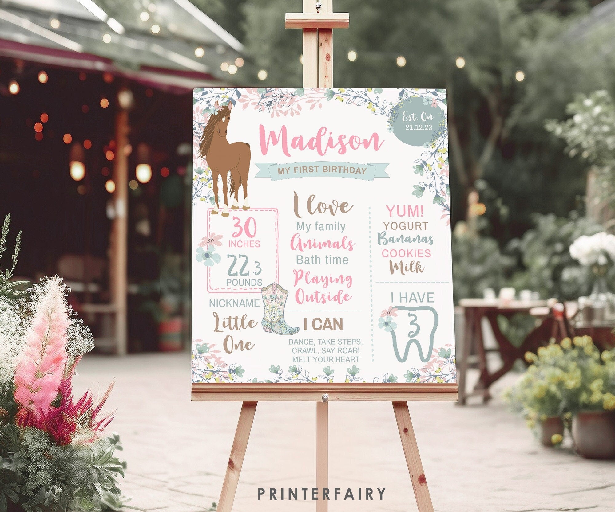 Floral Horse First Birthday Banner, Cowgirl Party (EDITABLE, Instant Download)