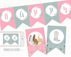 Floral Horse Birthday Banner, Cowgirl Party Decor (EDITABLE, Instant Download)