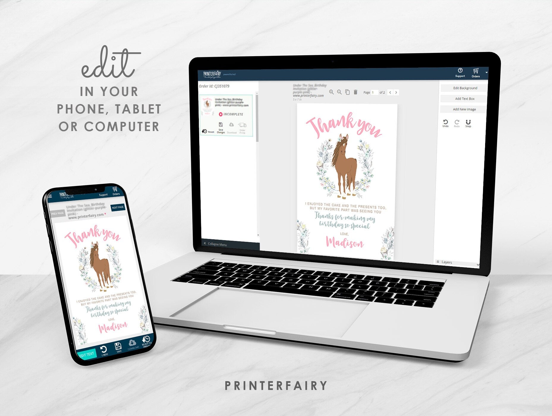 Floral Horse Thank You Card, Editable Template (Digital Download)