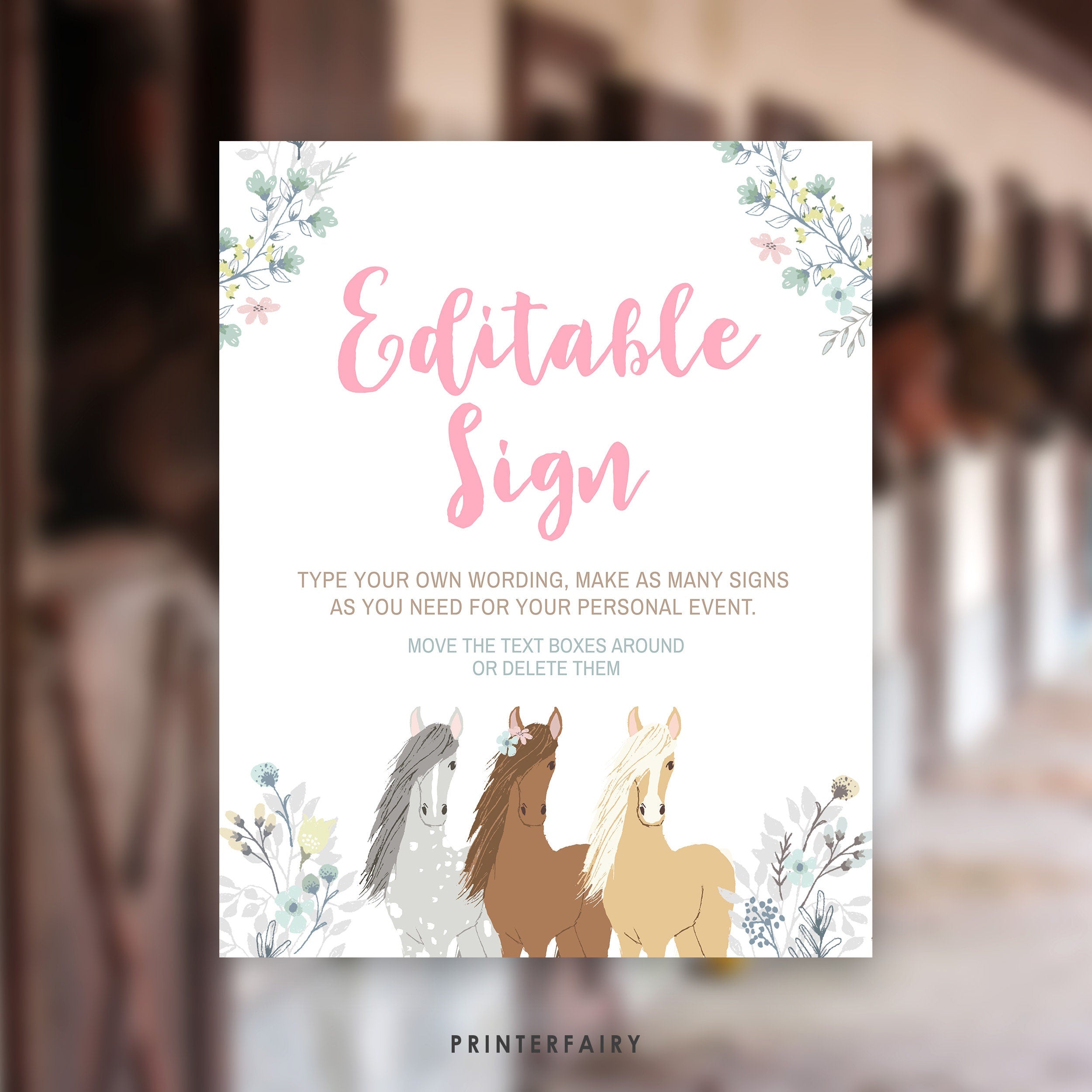 Floral Horse Birthday Sign, Editable Pony Party Decor (Digital Download)