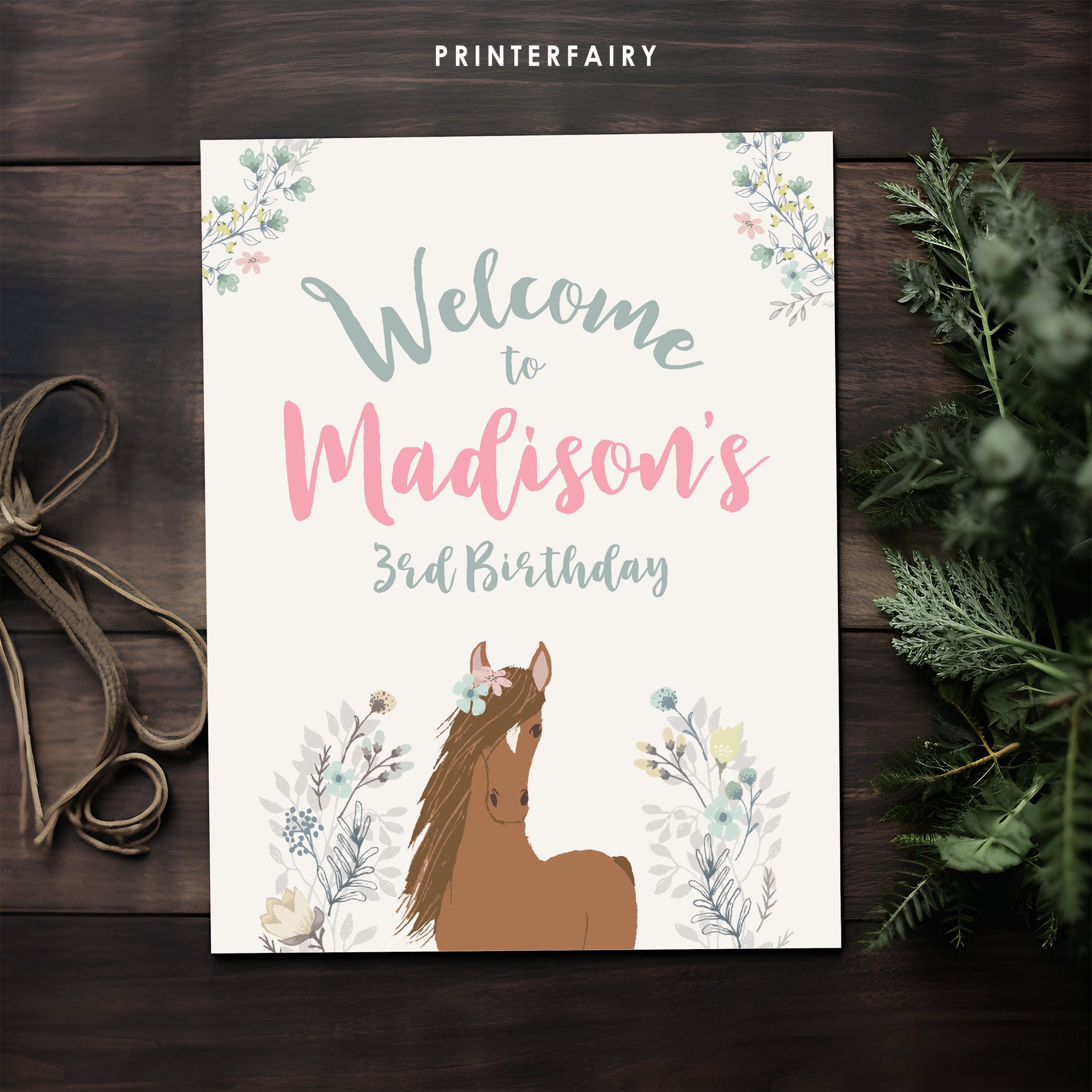 Floral Horse Birthday Welcome Sign, EDITABLE (Digital Download)