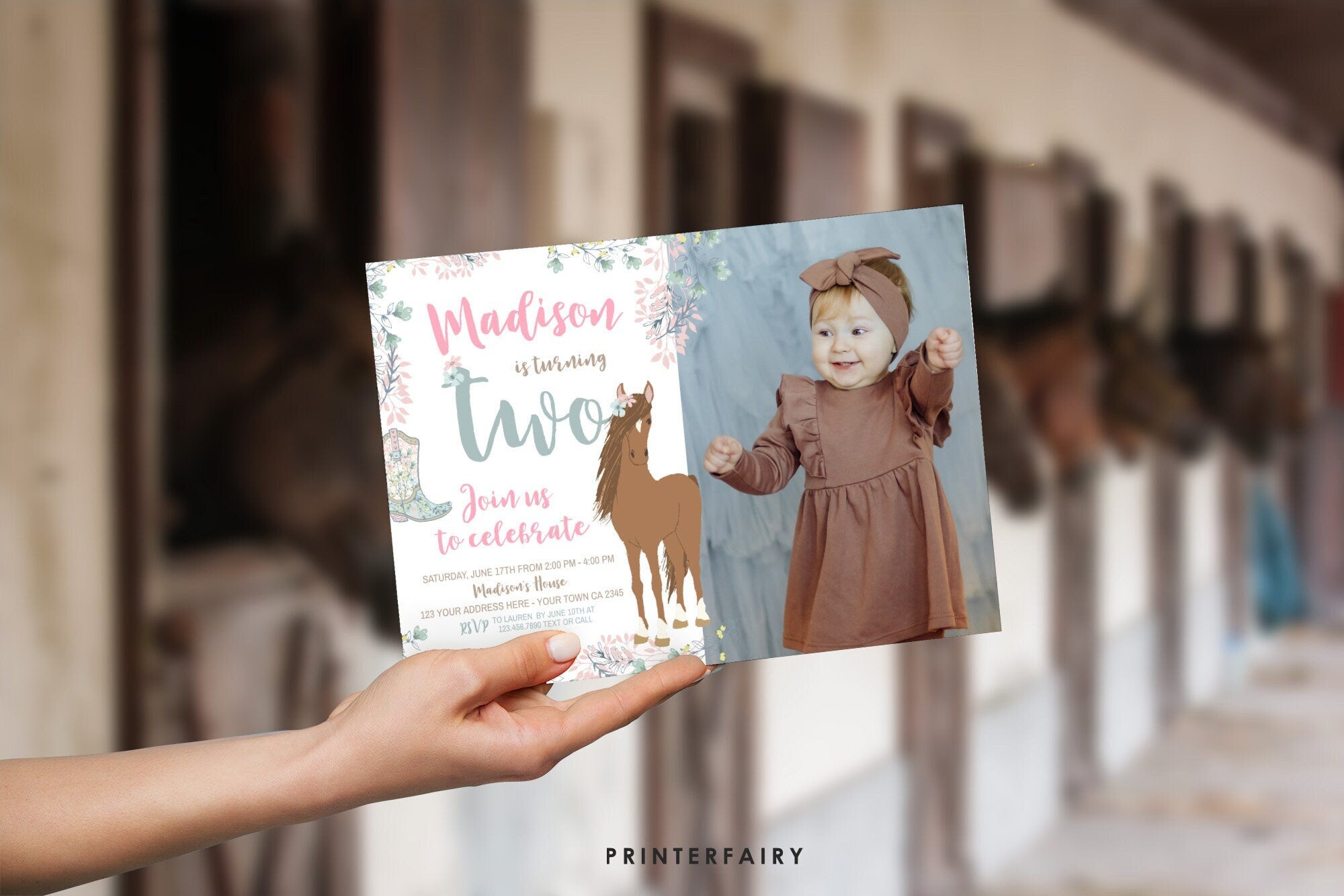Floral Horse 2nd Birthday Invitation with Photo, Editable (Digital Download)