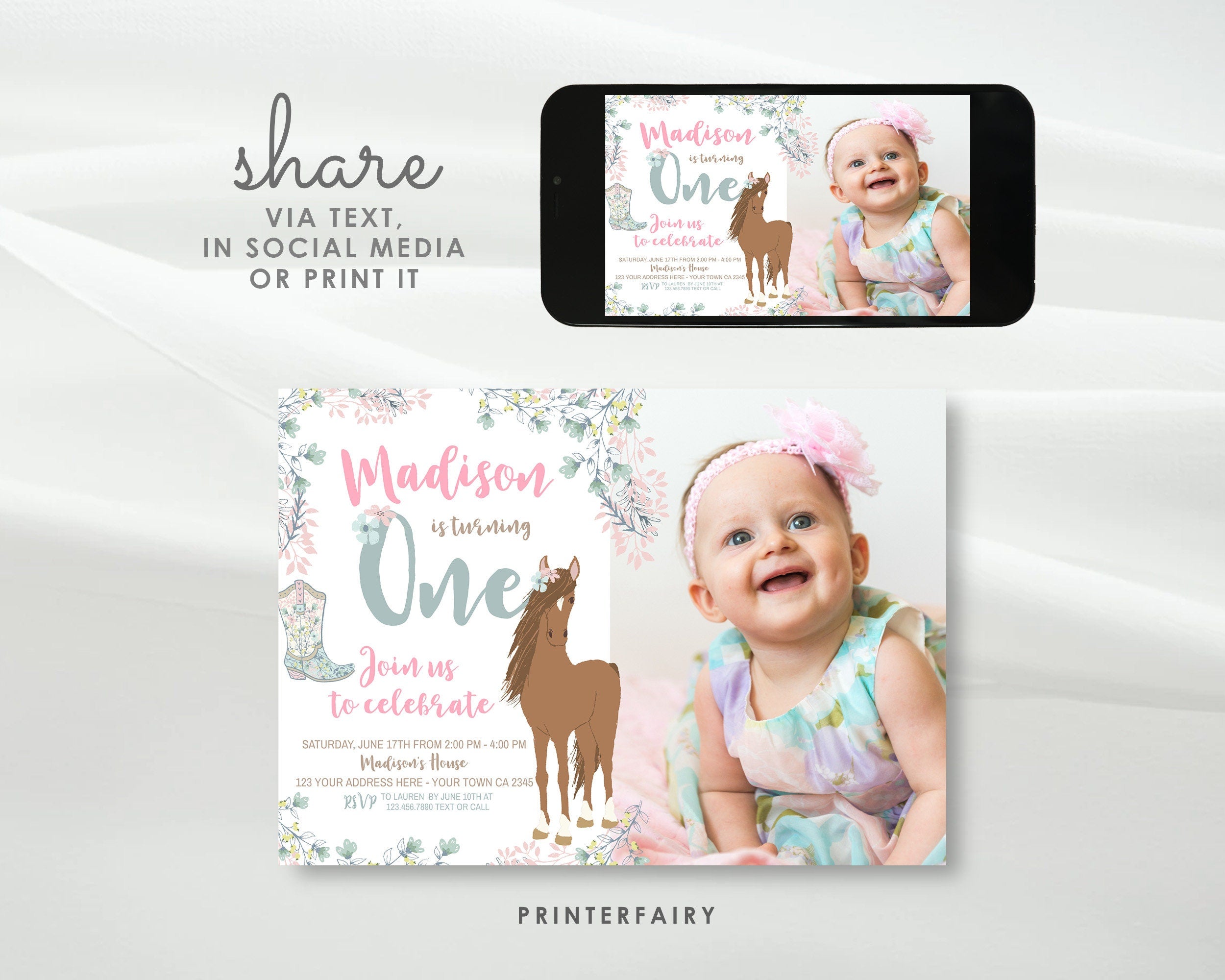 Floral Horse 1st Birthday Invitation with Photo (Digital Download)