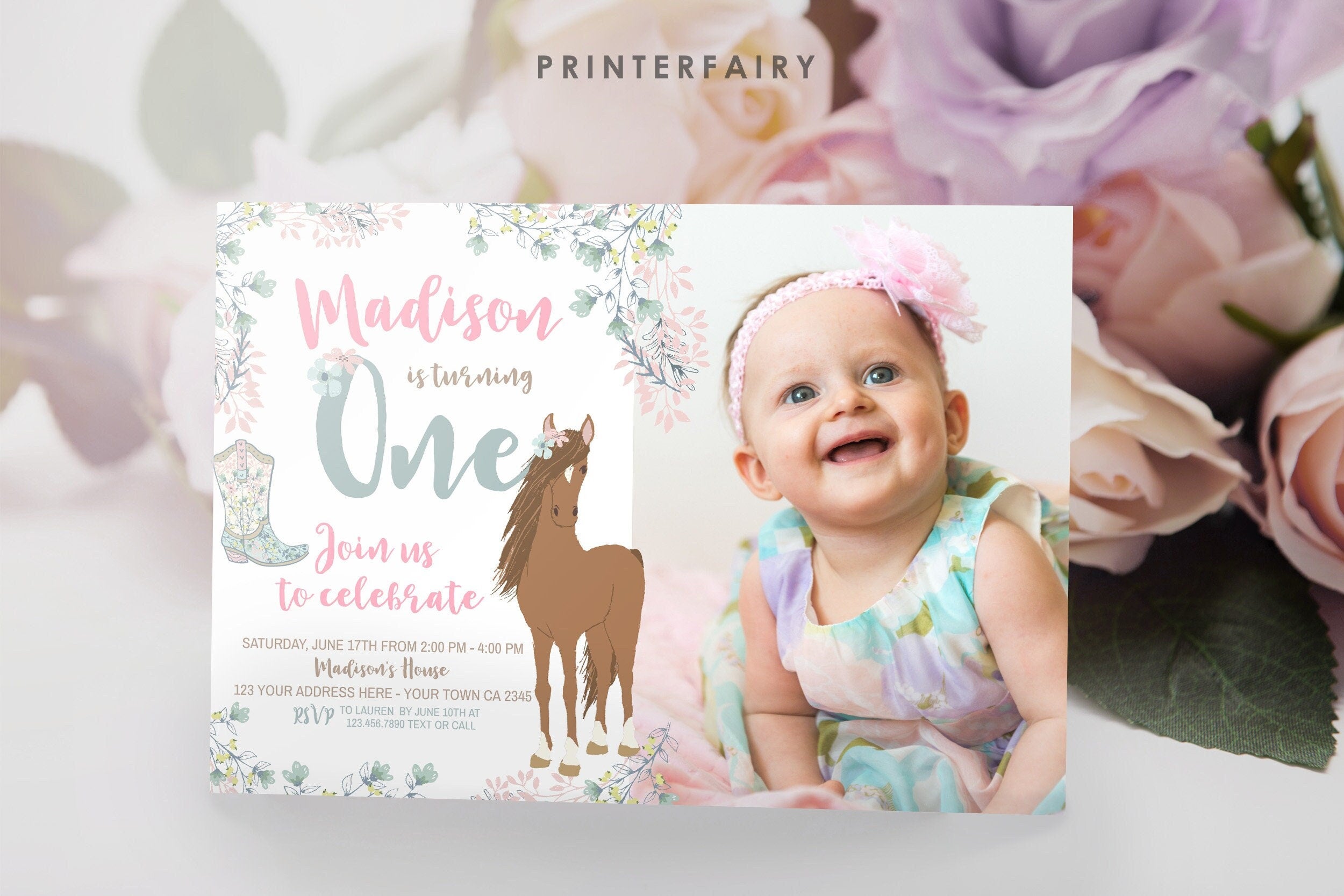Floral Horse 1st Birthday Invitation with Photo (Digital Download)