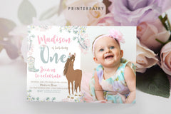 Floral Horse 1st Birthday Invitation with Photo (Digital Download)