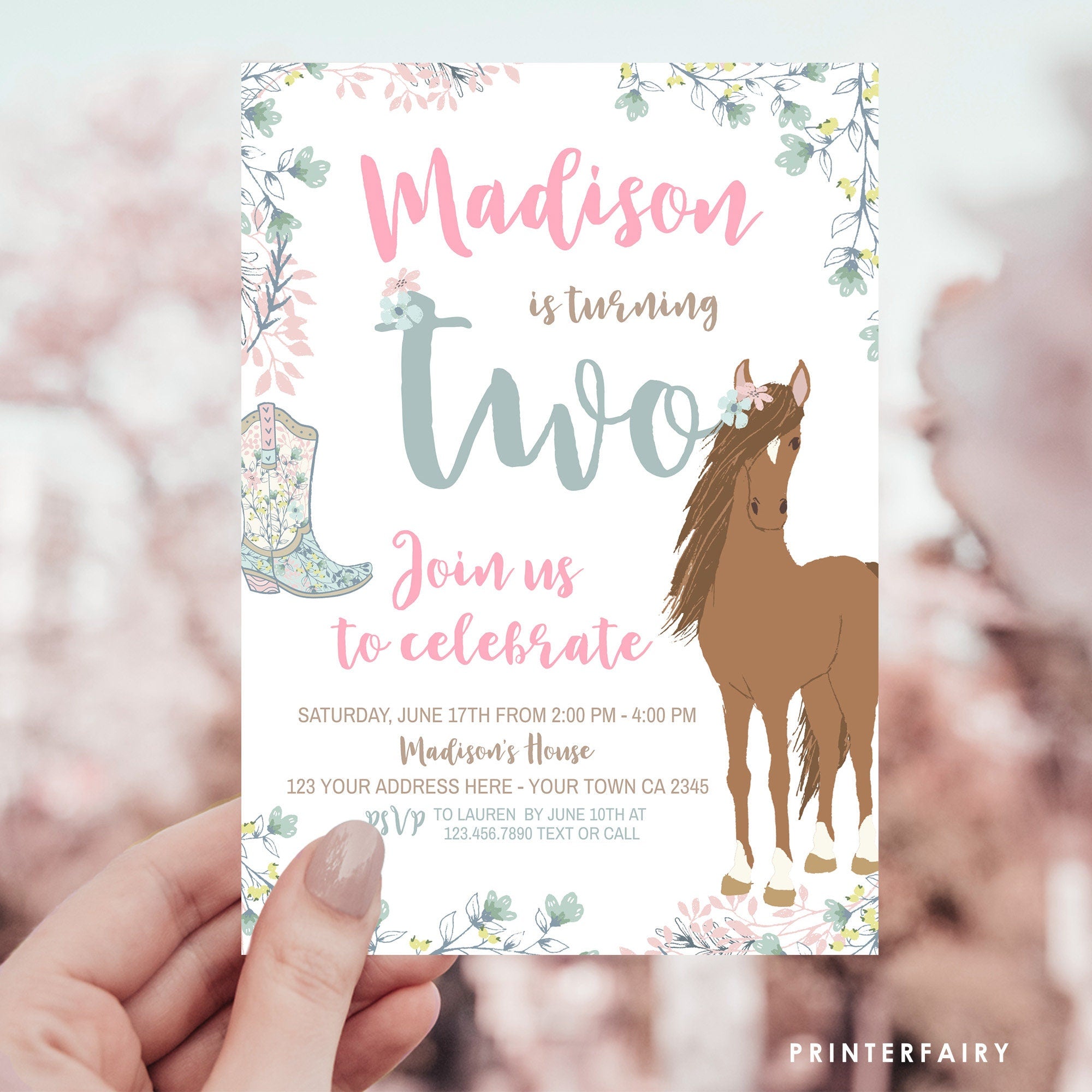 Floral Horse 2nd Birthday Invitation, Editable Pony Party (Digital Download)