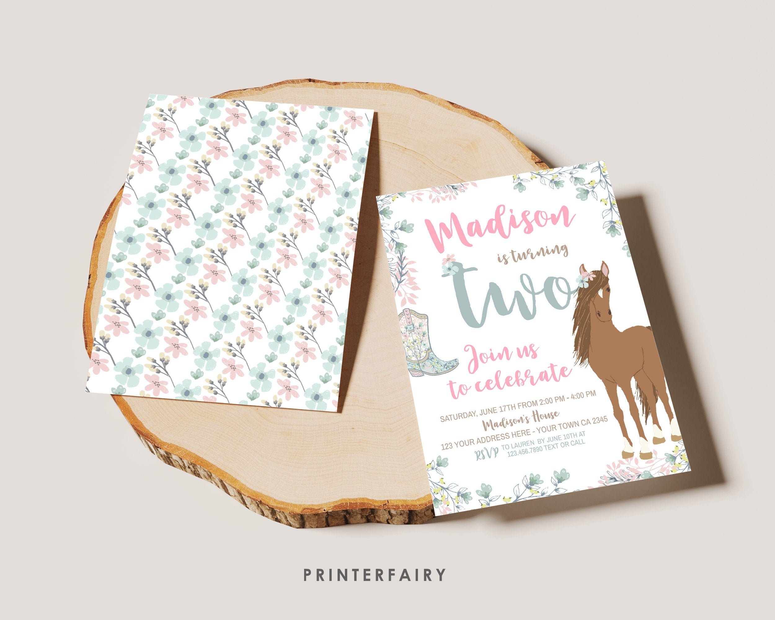 Floral Horse 2nd Birthday Invitation, Editable Pony Party (Digital Download)