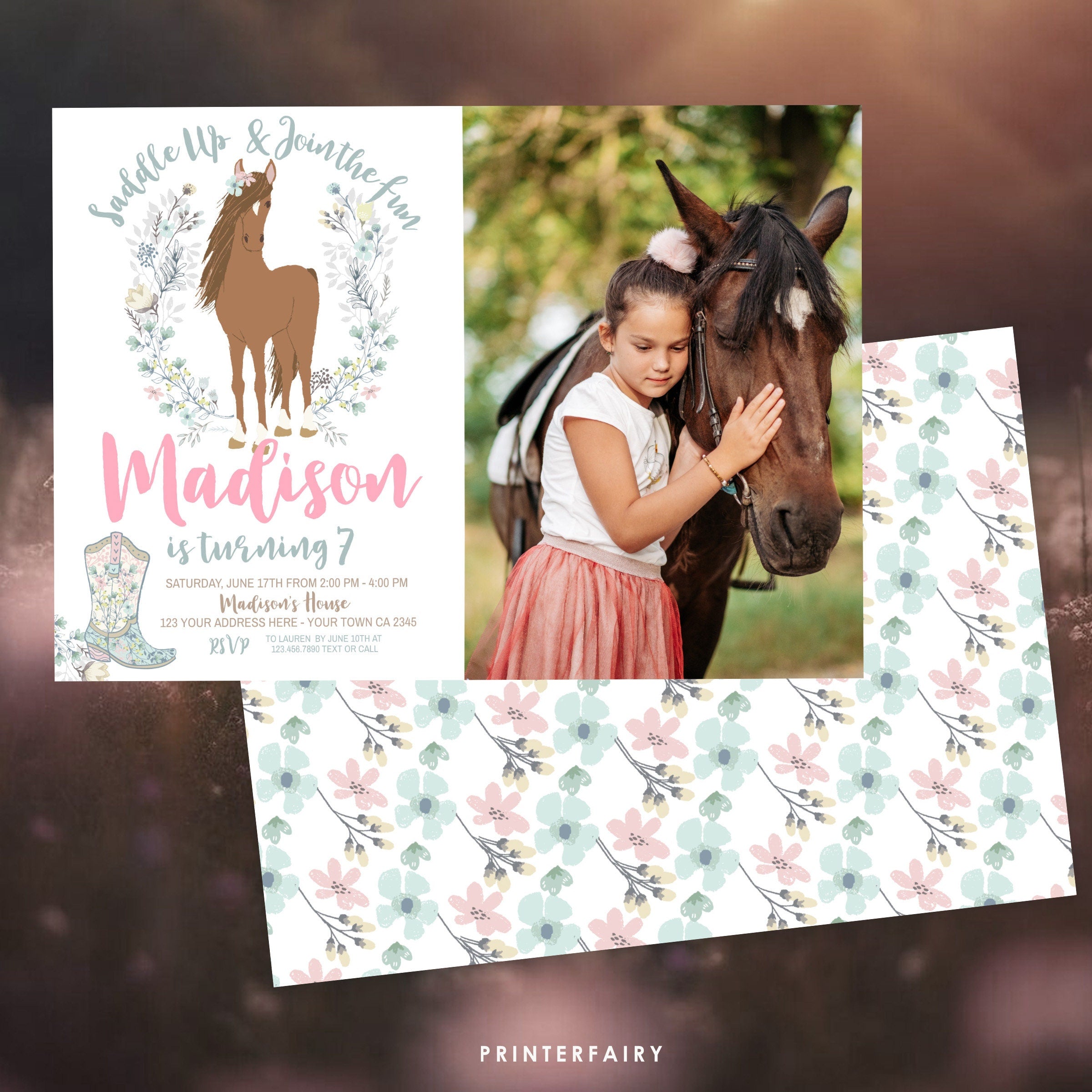 Floral Horse Birthday Invitation with Photo (Instant Download)