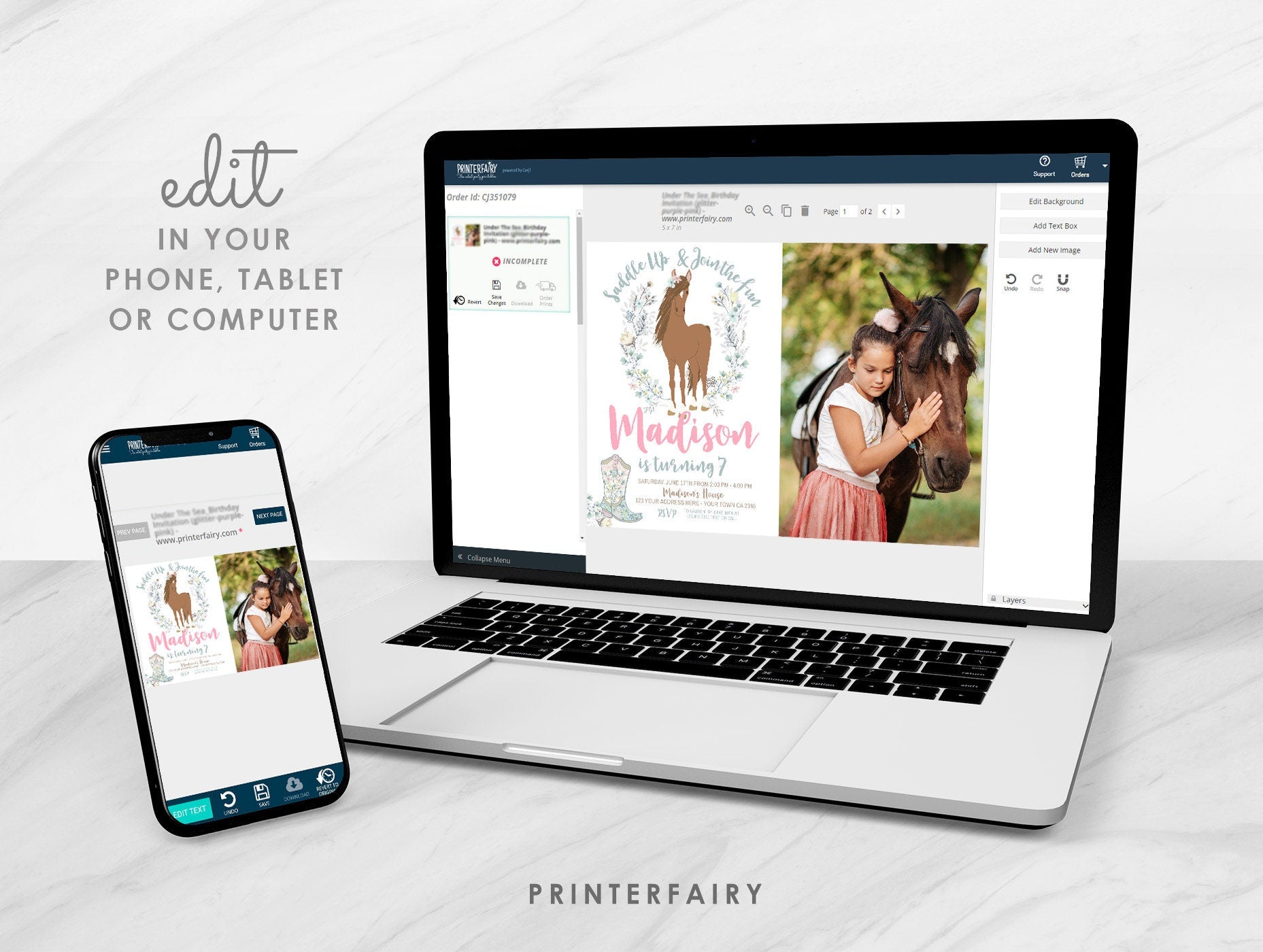 Floral Horse Birthday Invitation with Photo (Instant Download)