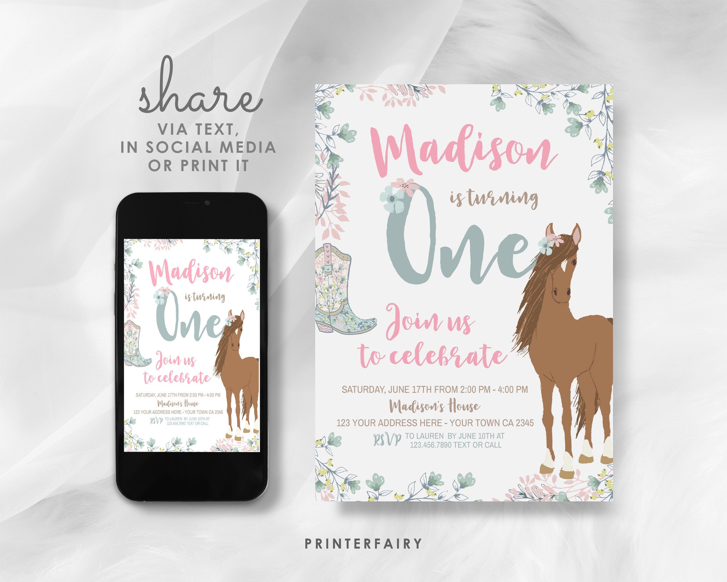 Floral Horse 1st Birthday Invitation, Western Party (Editable Template)