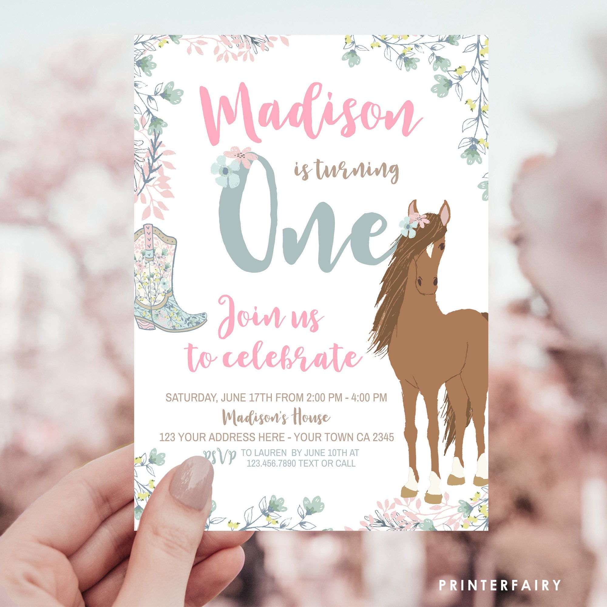 Floral Horse 1st Birthday Invitation, Western Party (Editable Template)