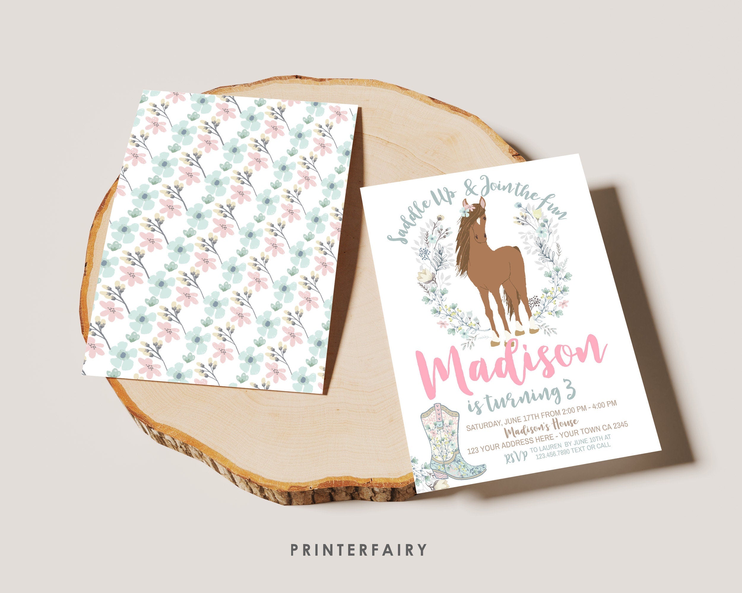 Floral Horse Birthday Invitation, Cowgirl Pony Party (INSTANT DOWNLOAD)