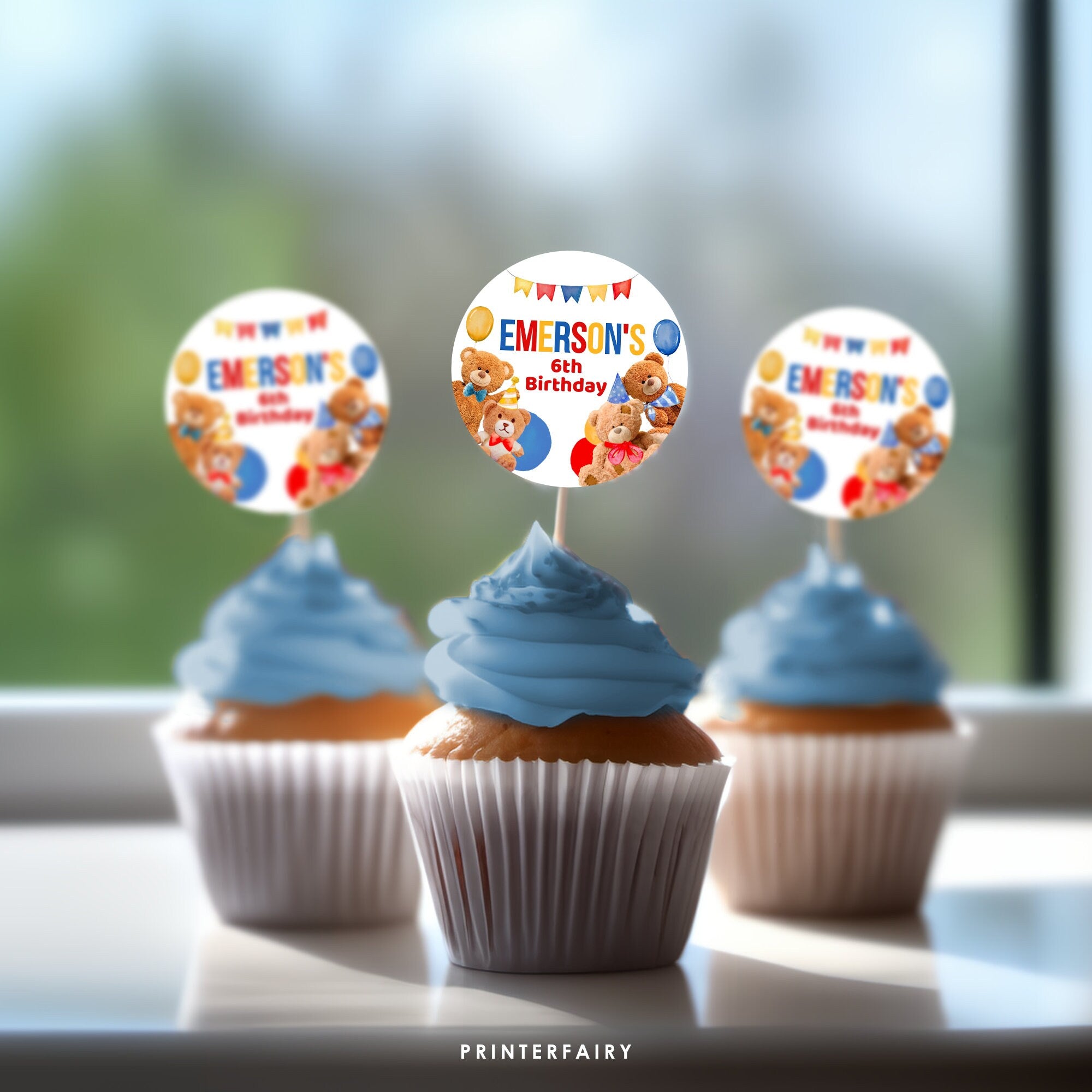 Editable Bear Birthday Cupcake Toppers, Teddy Bear Party (Digital Item)