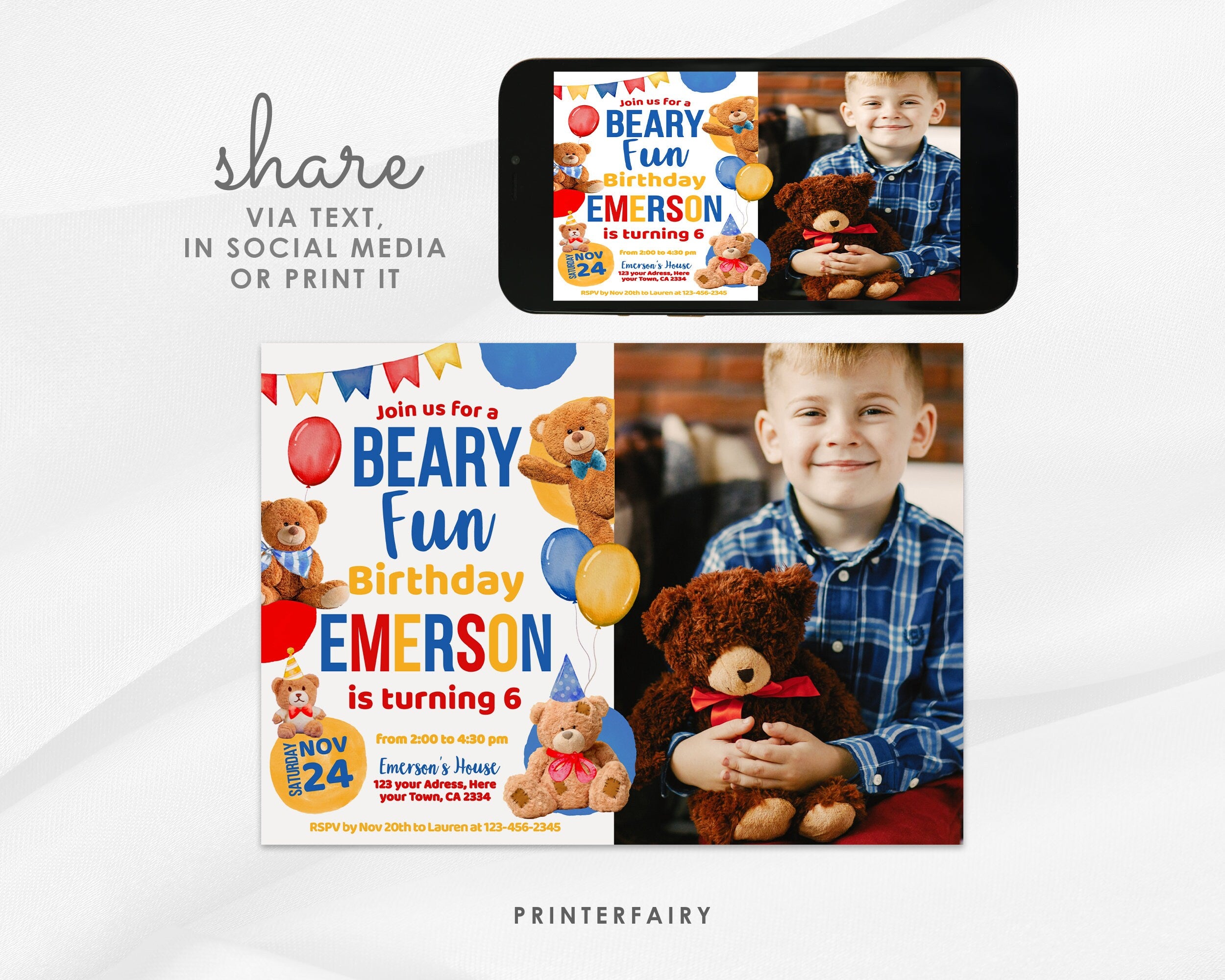 Teddy Bear Photo Birthday Invitation, Editable Printable