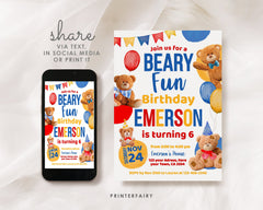 Bear Birthday Invitation, Editable Beary Fun Party Invite (Digital Item)