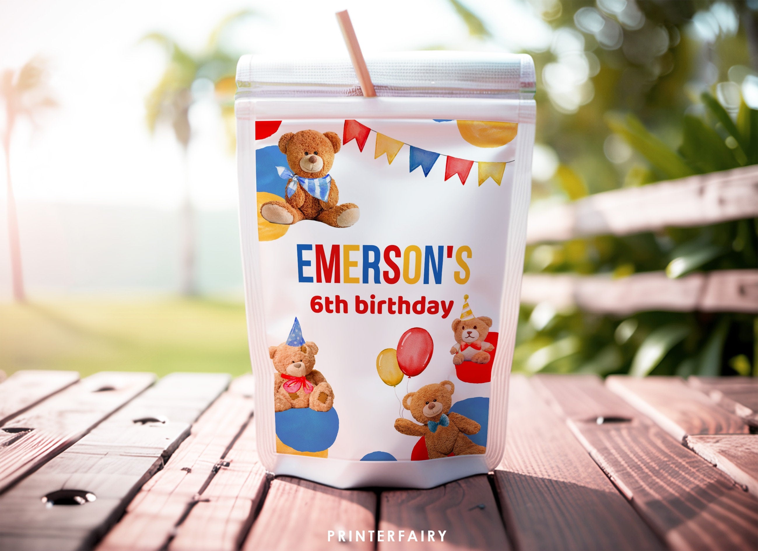 Teddy Bear Birthday Party Drink Pouch Label, EDITABLE (Digital Item)
