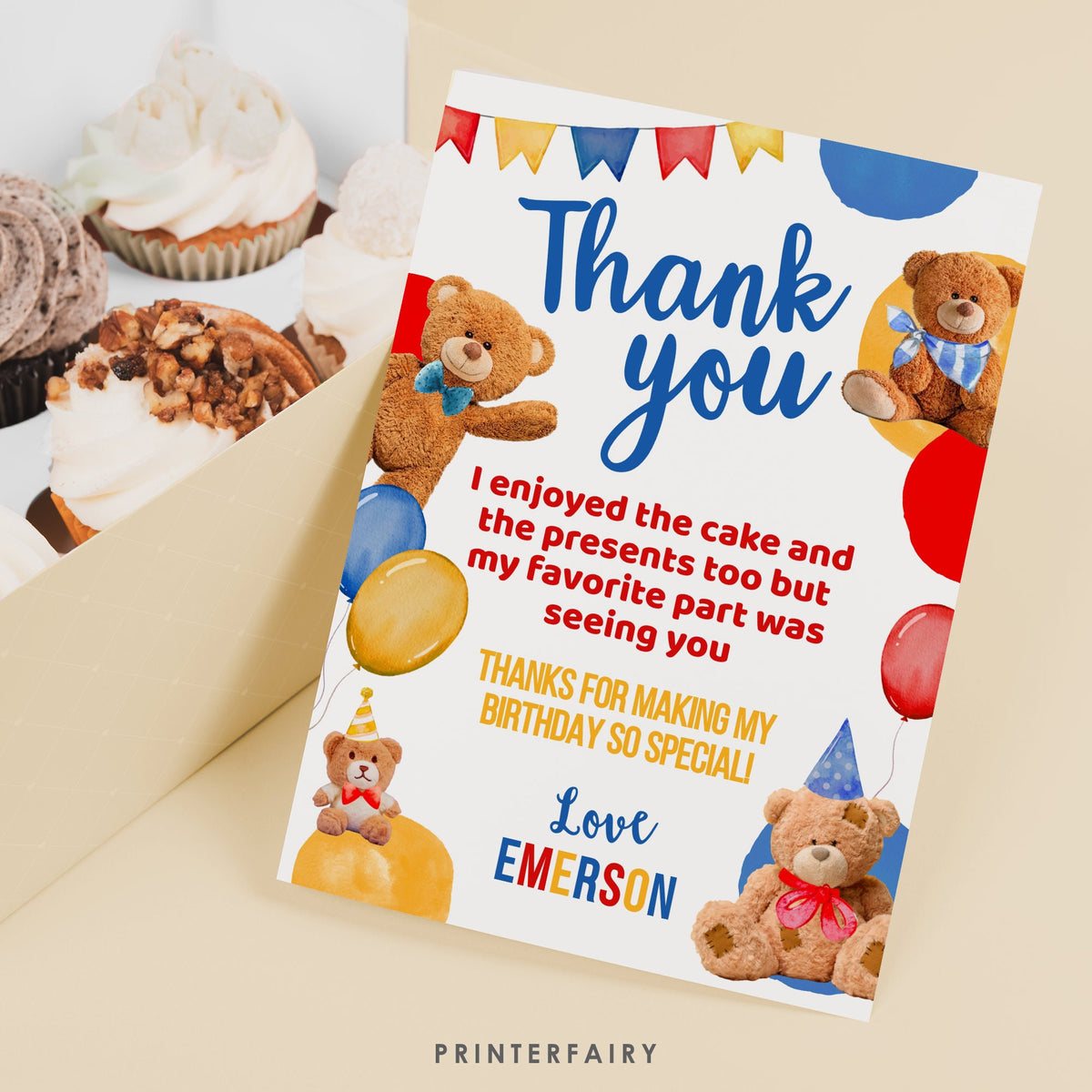 Bear Birthday Thank You Card, EDITABLE (Digital Download)