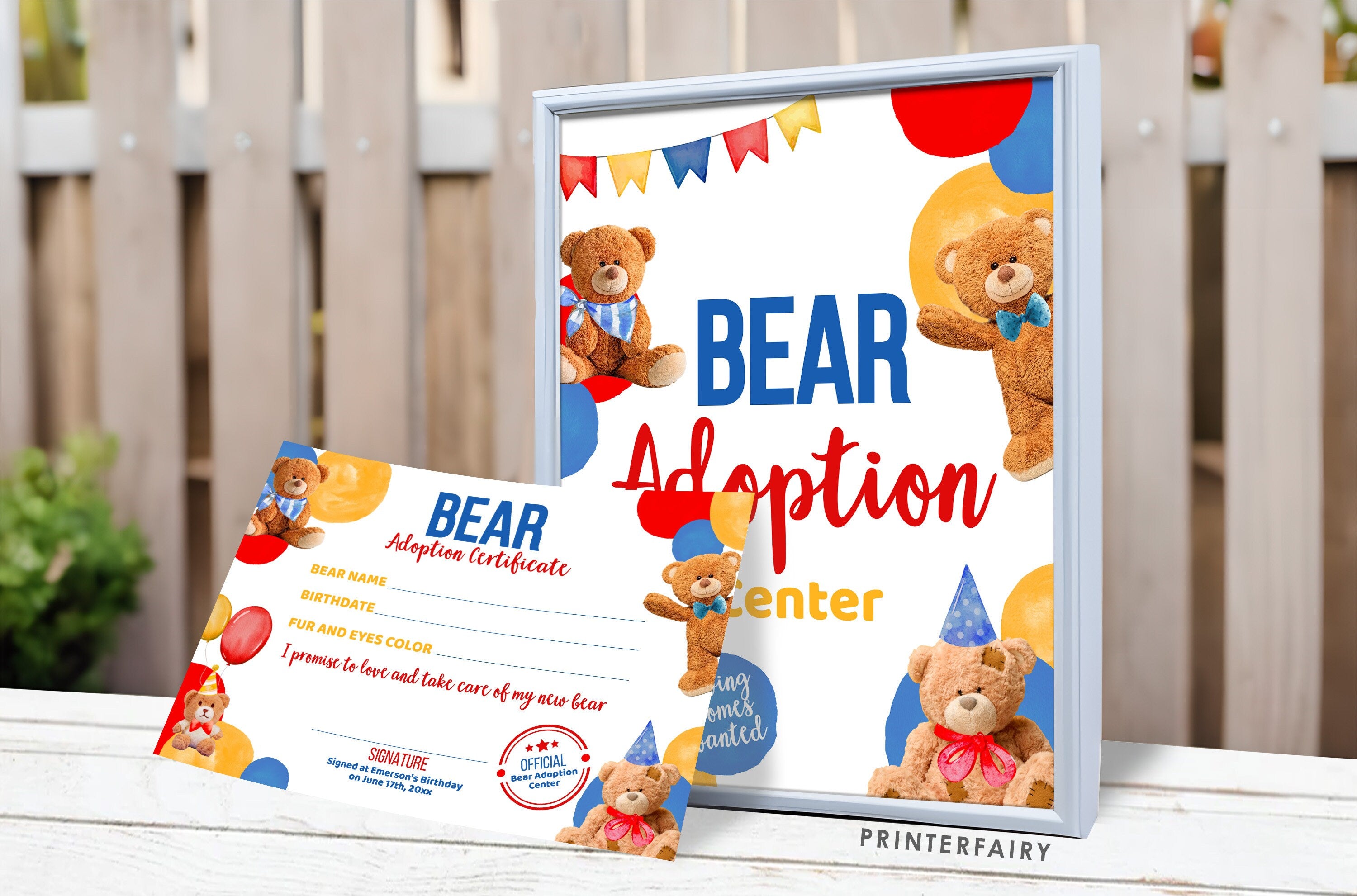 Bear Adoption Sign and Certificate, Editable Birthday Party Decor (Digital Download)