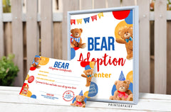 Bear Adoption Sign and Certificate, Editable Birthday Party Decor (Digital Download)