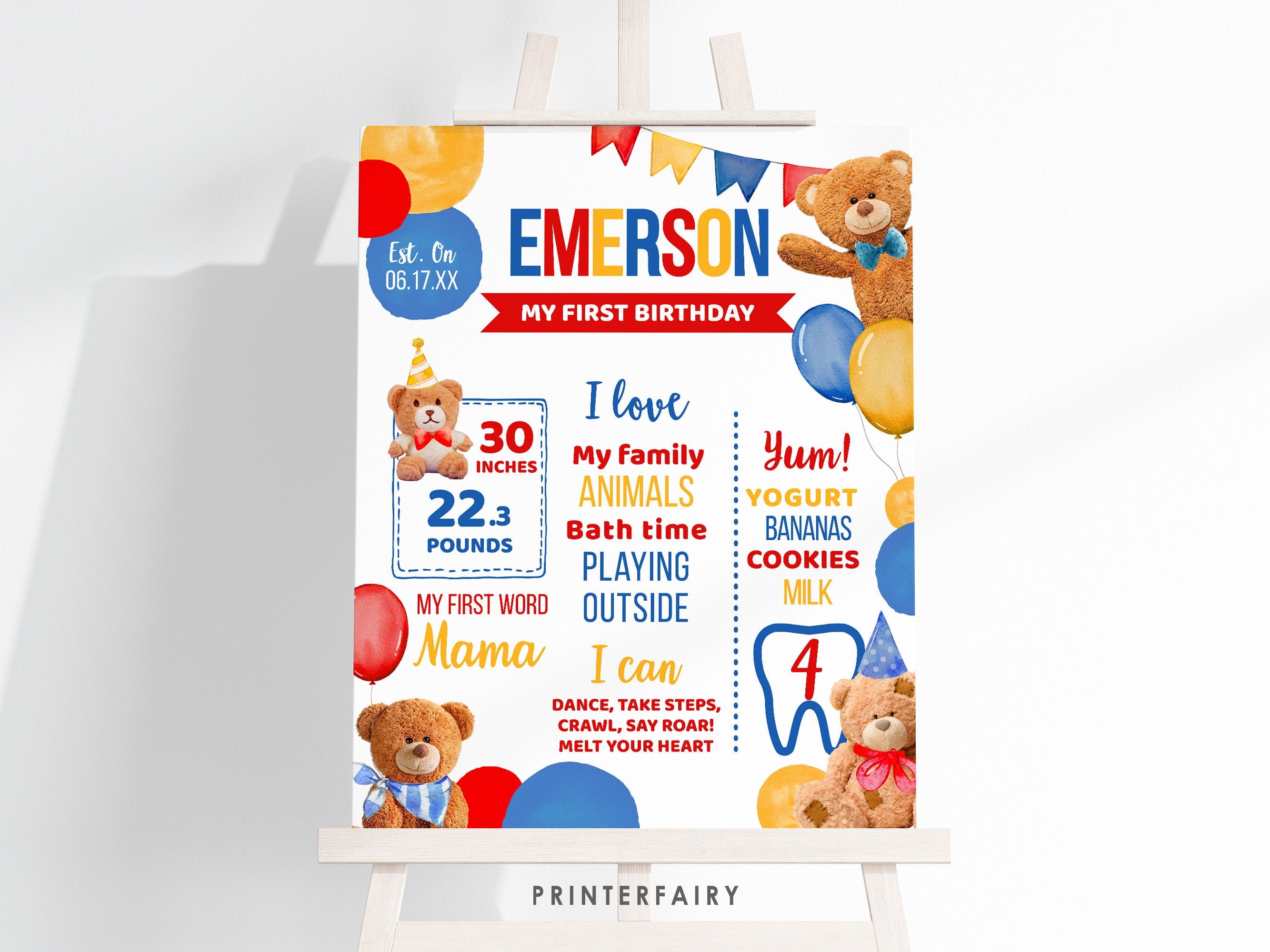 Bear First Birthday Stats Board, Teddy Bear Party (Editable Digital Item)