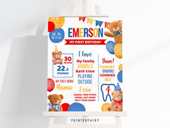 Bear First Birthday Stats Board, Teddy Bear Party (Editable Digital Item)
