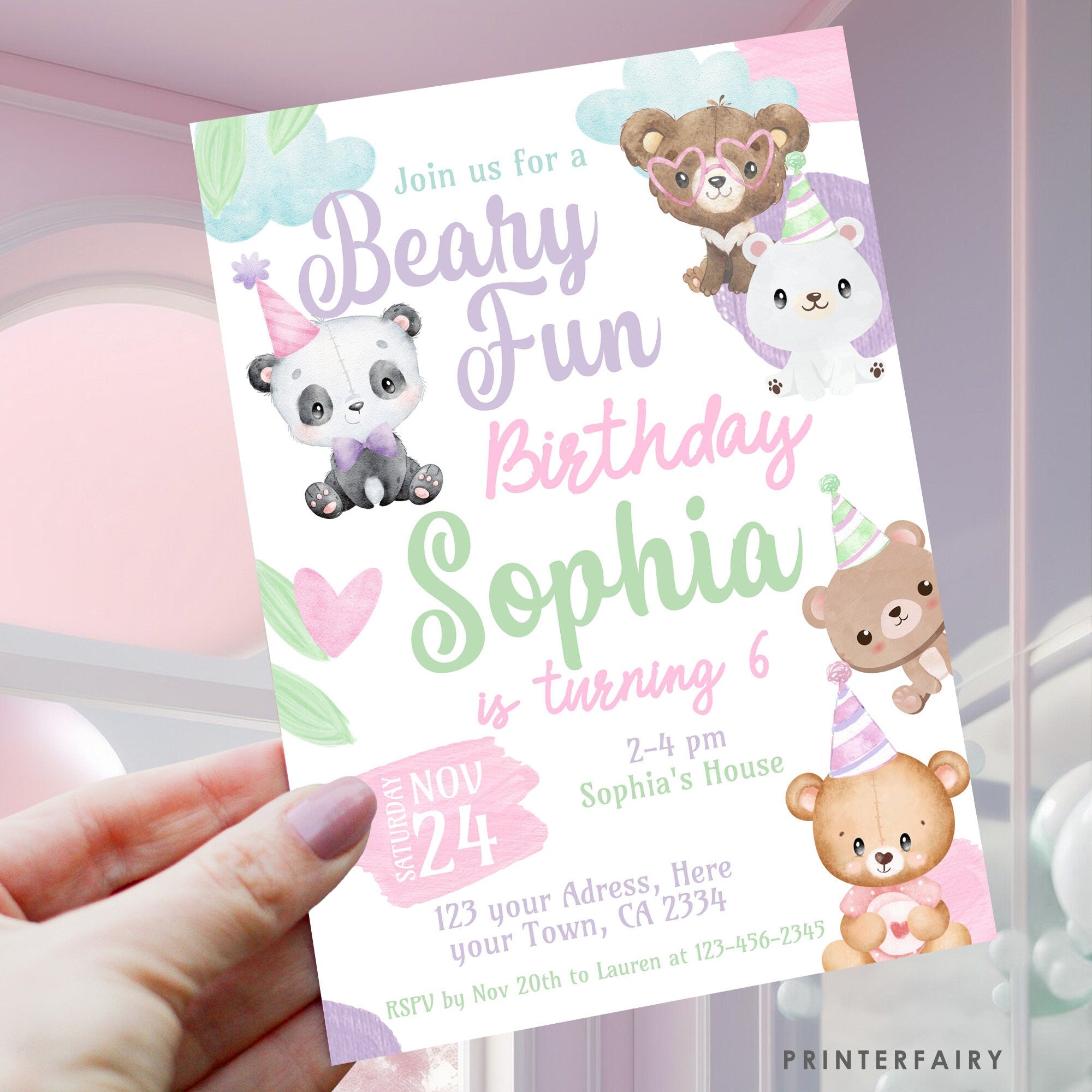 Editable Bear Birthday Invitation, Beary Fun Party, Teddy Bear Theme (Digital Download)
