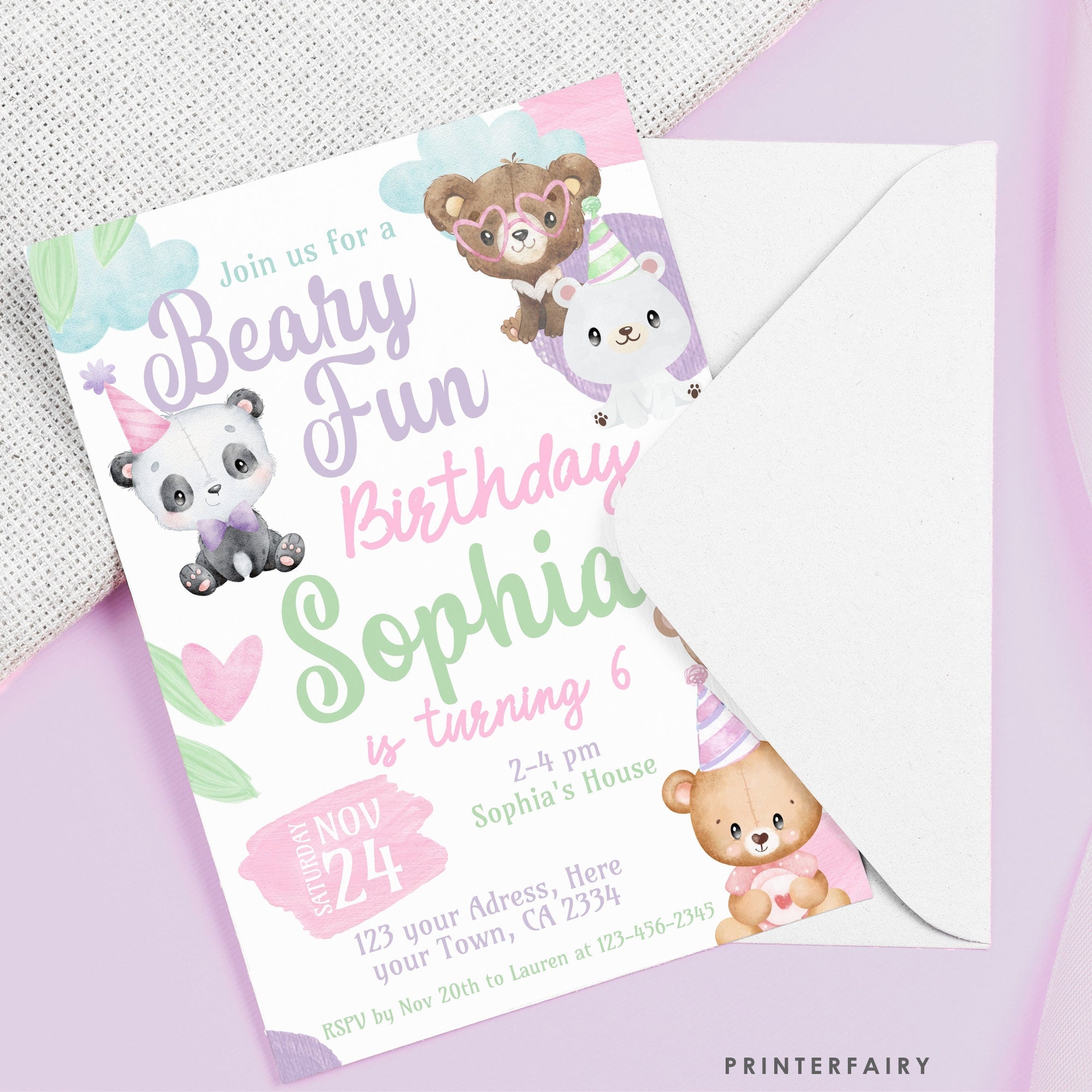 Editable Bear Birthday Invitation, Beary Fun Party, Teddy Bear Theme (Digital Download)