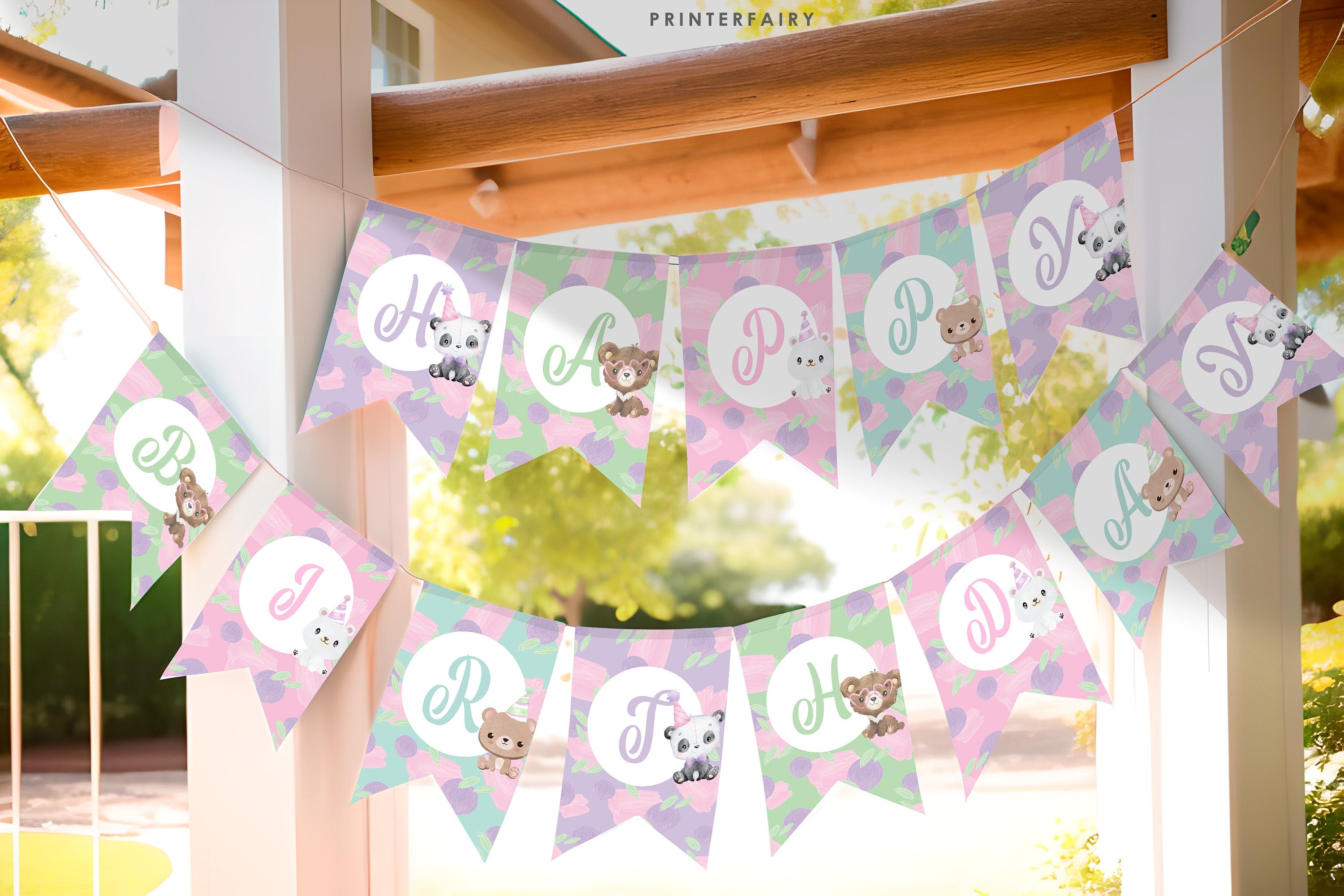 Bear Happy Birthday Banner Editable Template to add your own text, INSTANT DOWNLOAD