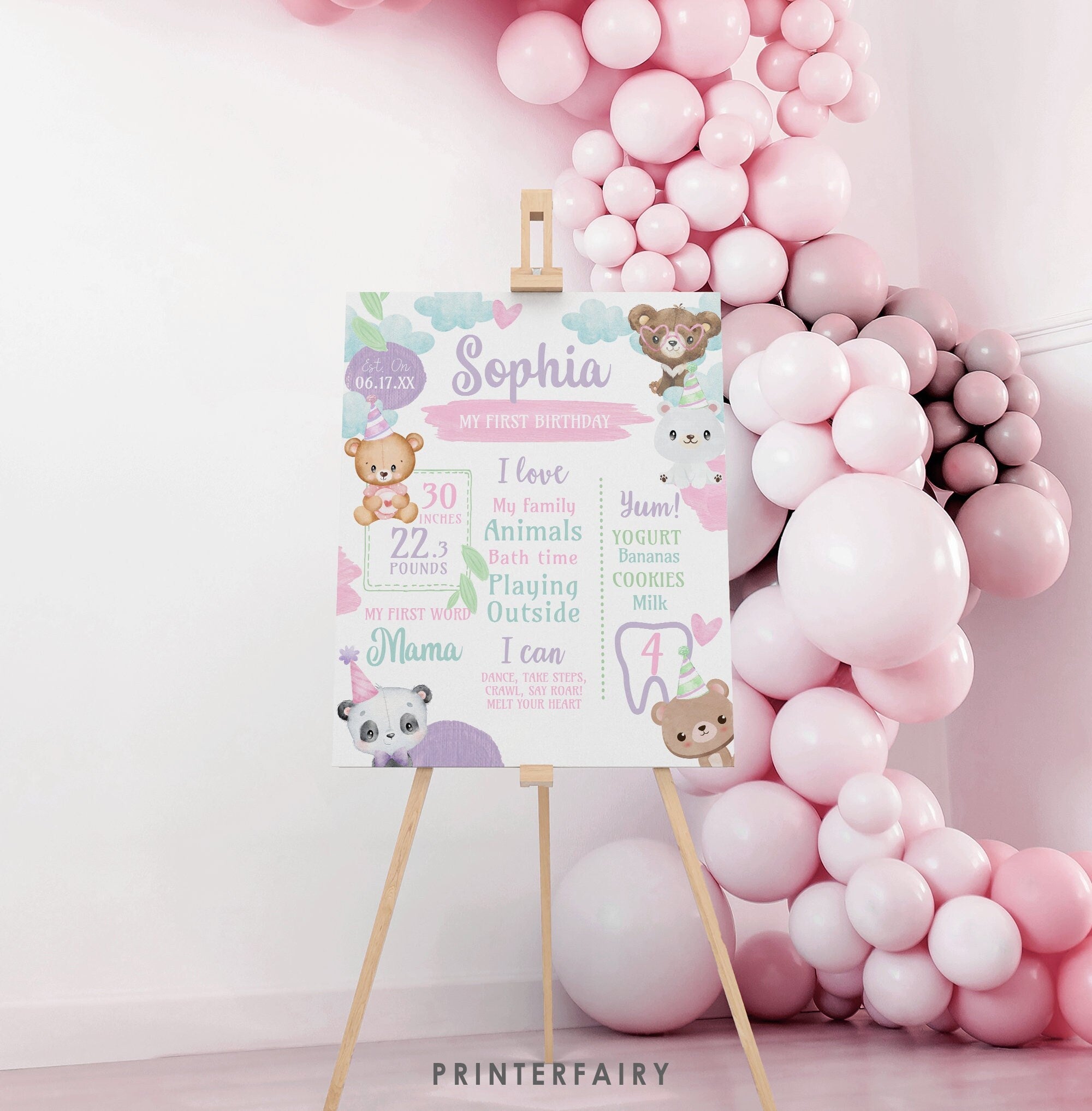 Teddy Bear First Birthday Milestones Sign Editable Template, INSTANT DOWNLOAD