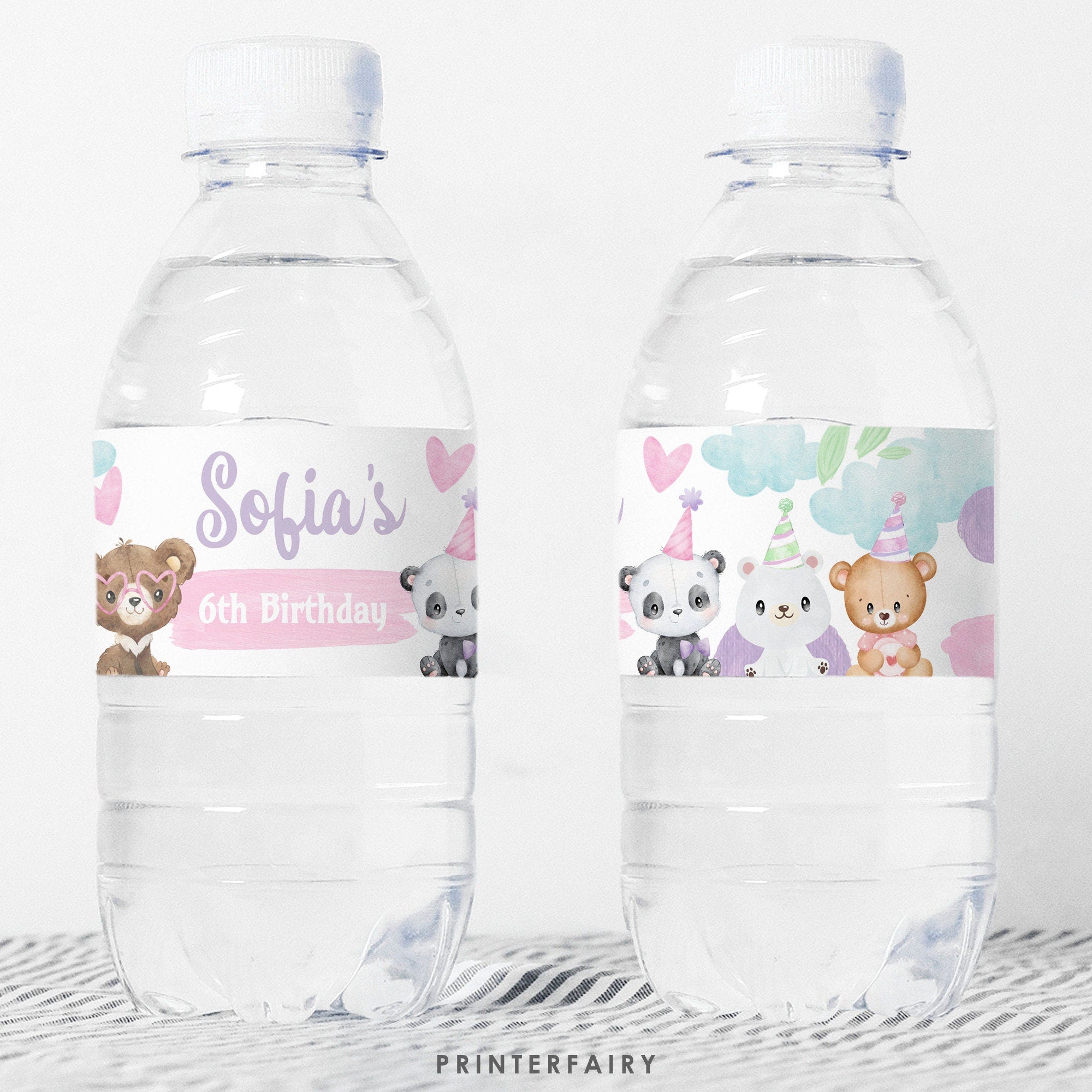 Editable Bear Birthday Water Bottle Label, Party Favors (Digital)