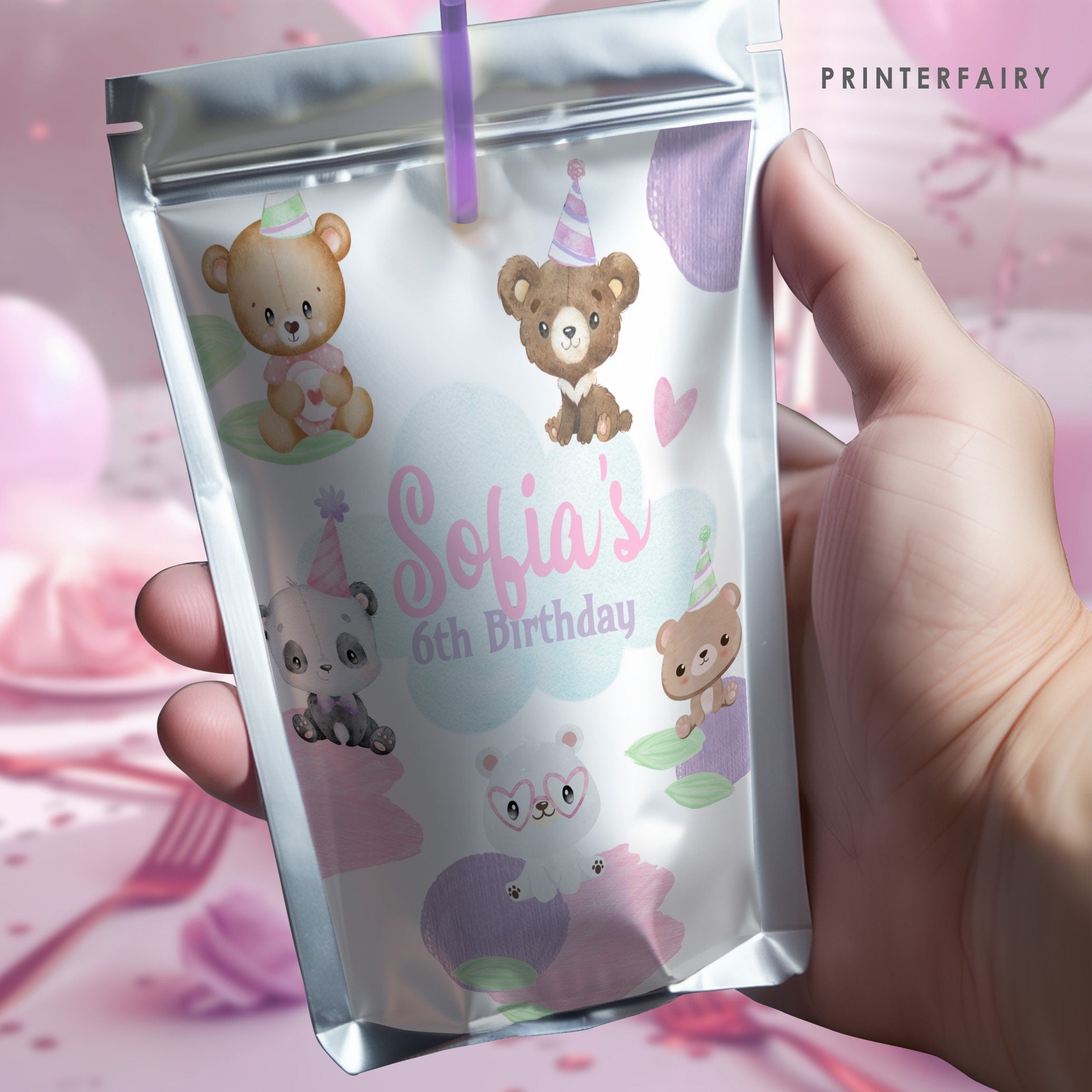 Bear Birthday Drink Pouch Label, Printable Party Favors, INSTANT DOWNLOAD