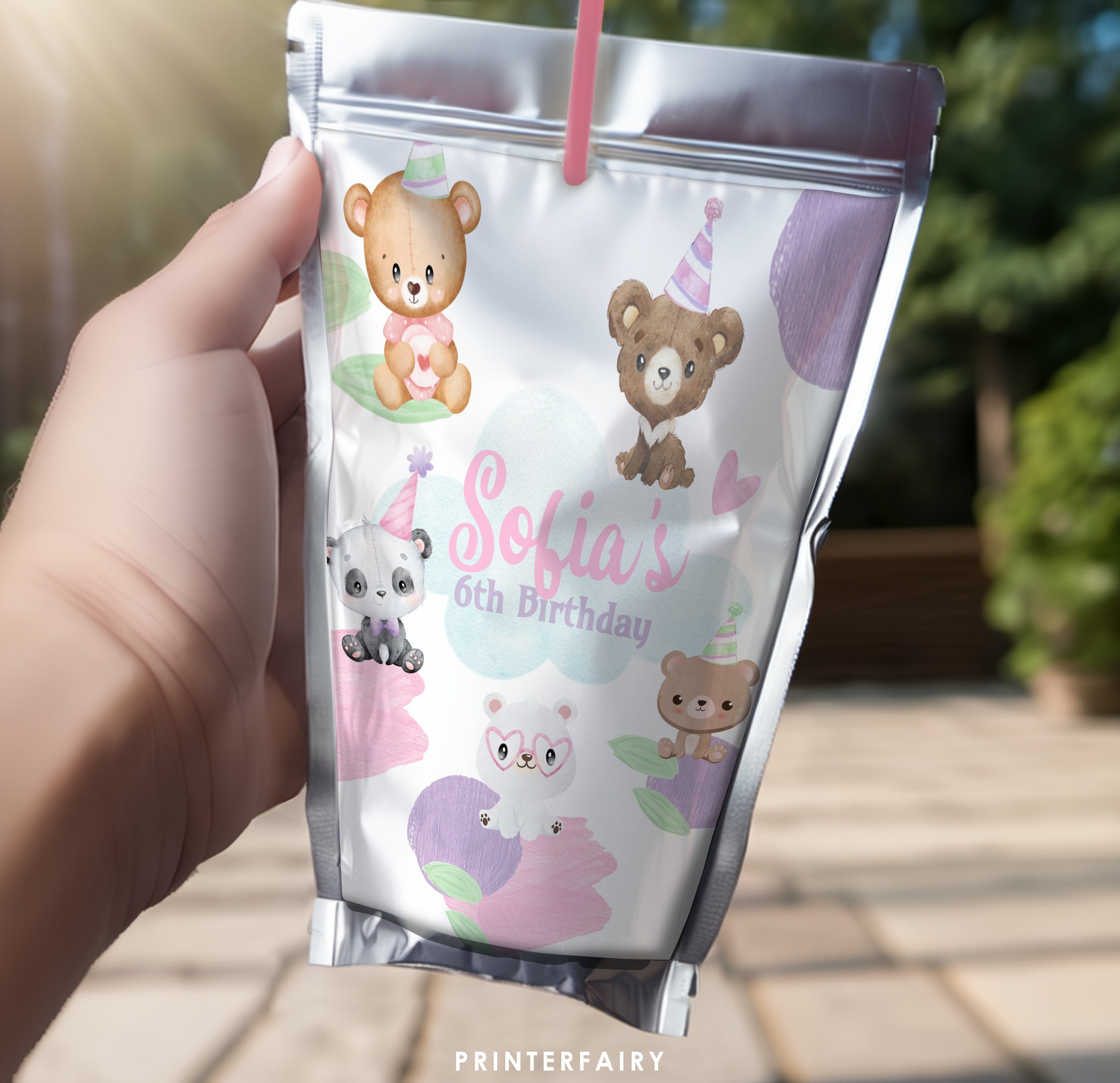 Bear Birthday Drink Pouch Label, Printable Party Favors, INSTANT DOWNLOAD