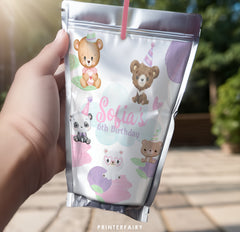 Bear Birthday Drink Pouch Label, Printable Party Favors, INSTANT DOWNLOAD