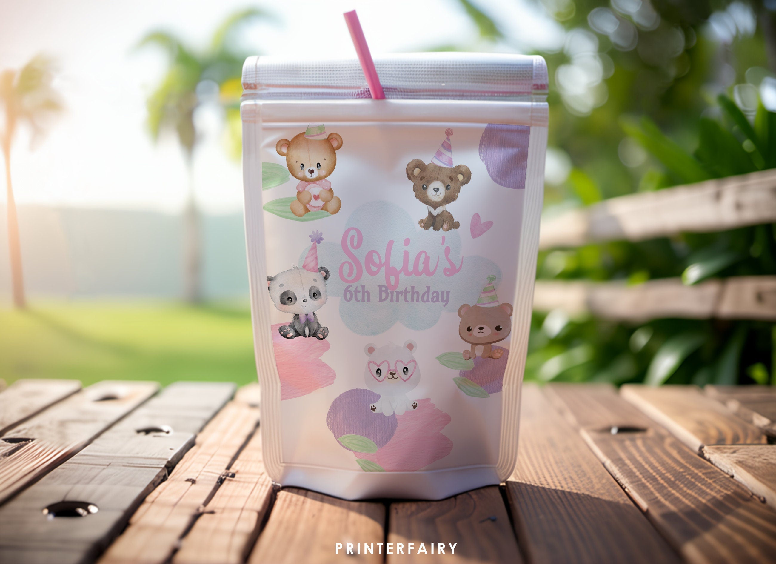 Bear Birthday Drink Pouch Label, Printable Party Favors, INSTANT DOWNLOAD