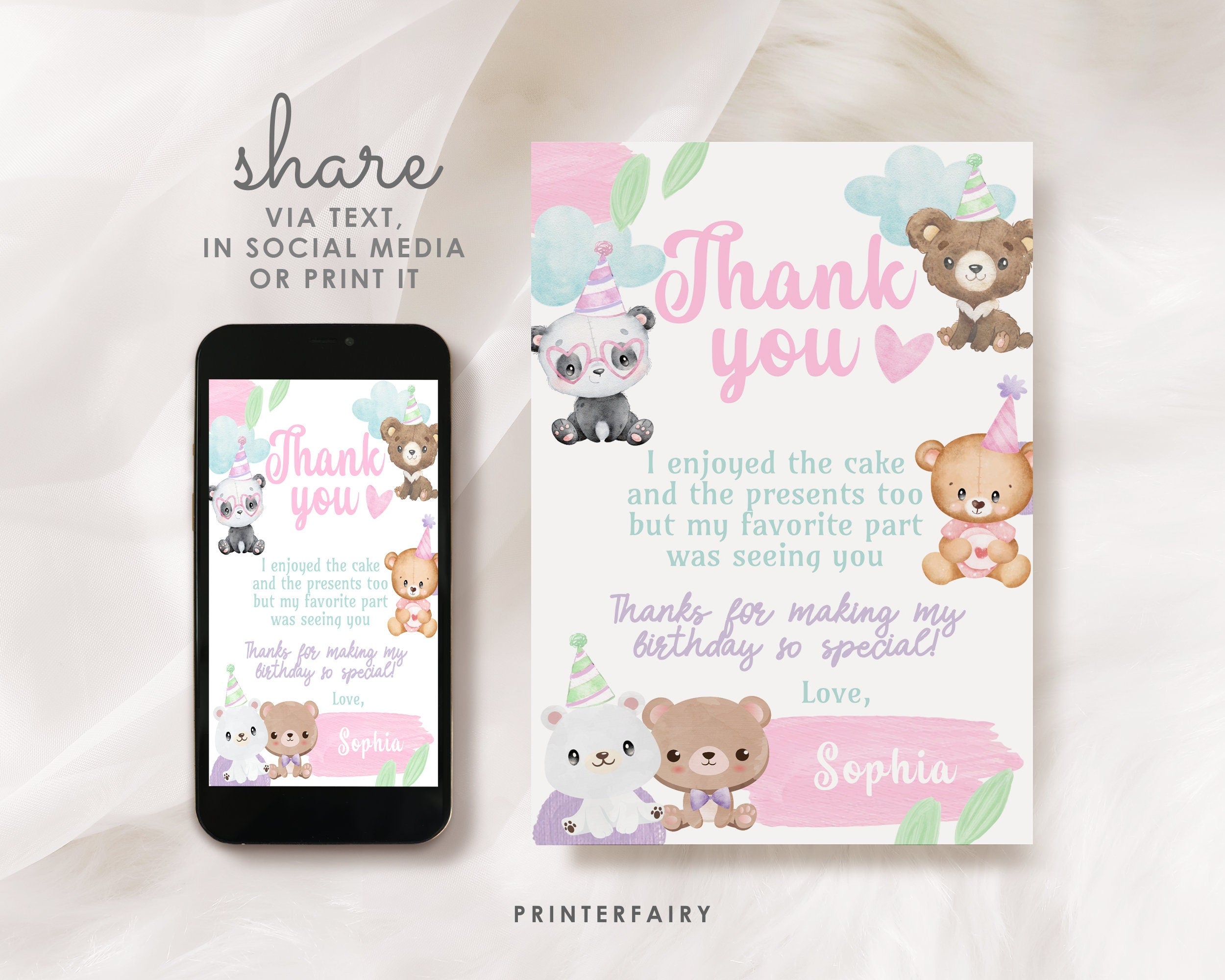 Bear Birthday Thank You Card Editable Template, Printable or Digital, INSTANT DOWNLOAD