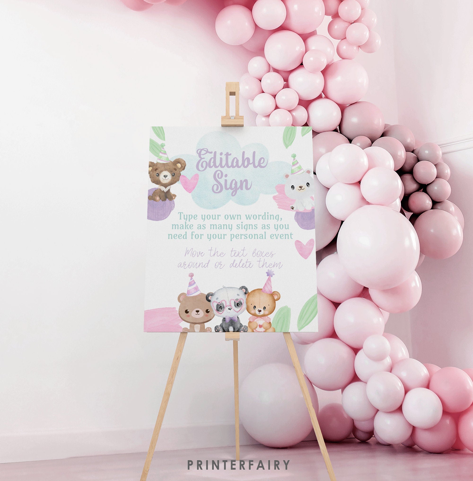 Bear Birthday Editable Sign Template to Add your own Wording, INSTANT DOWNLOAD